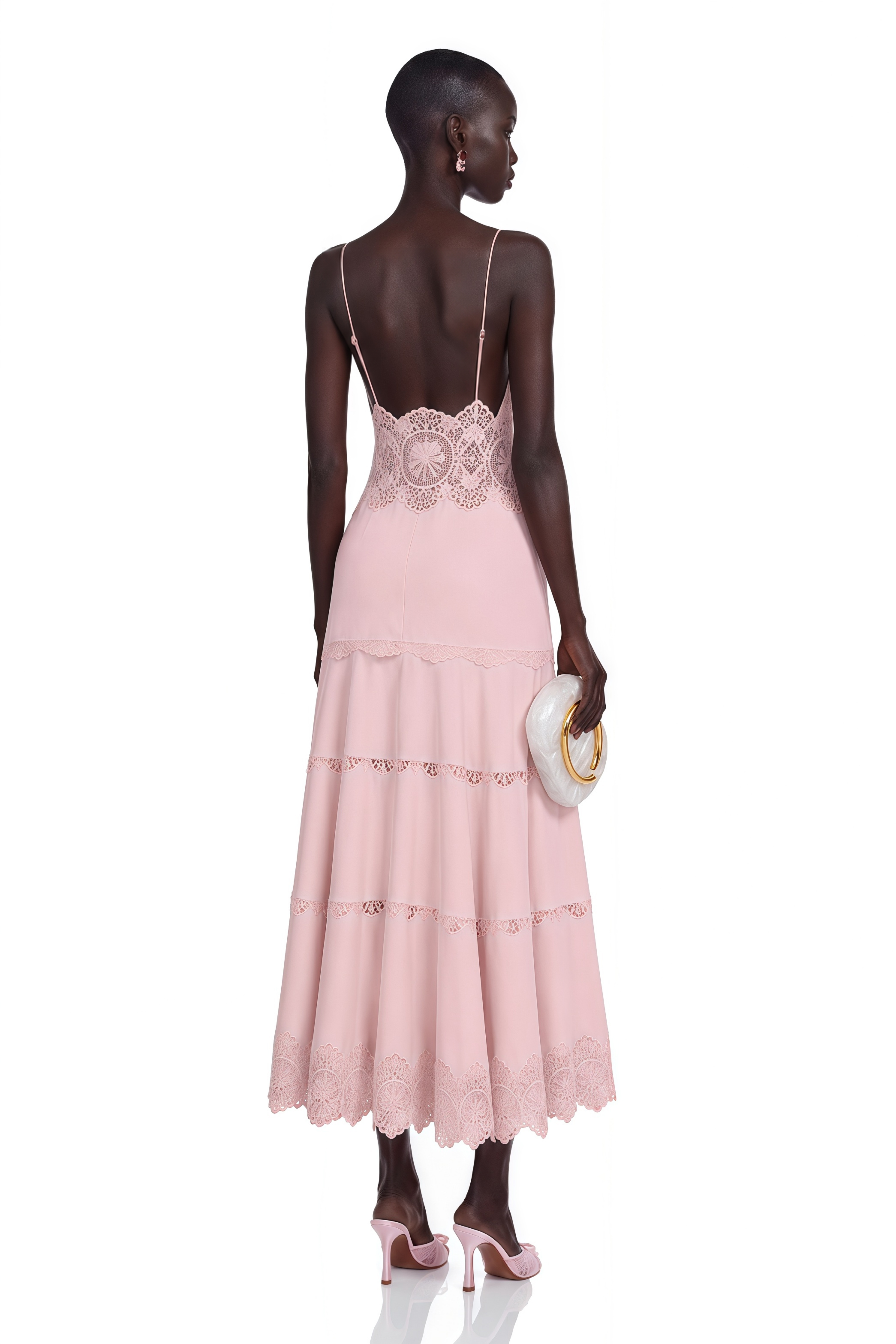 Light pink slip midi dress with intricate lace panels