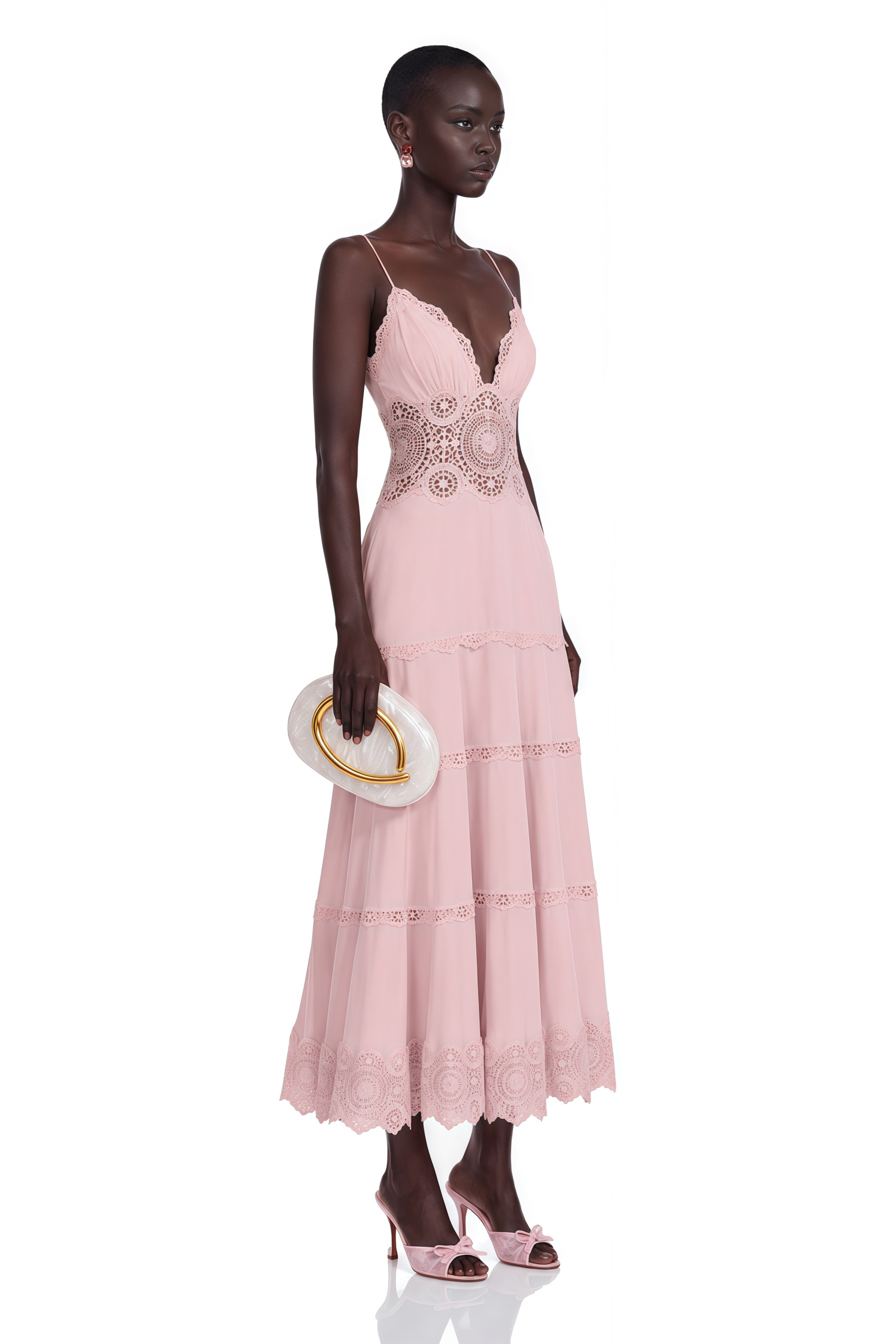Light pink slip midi dress with intricate lace panels