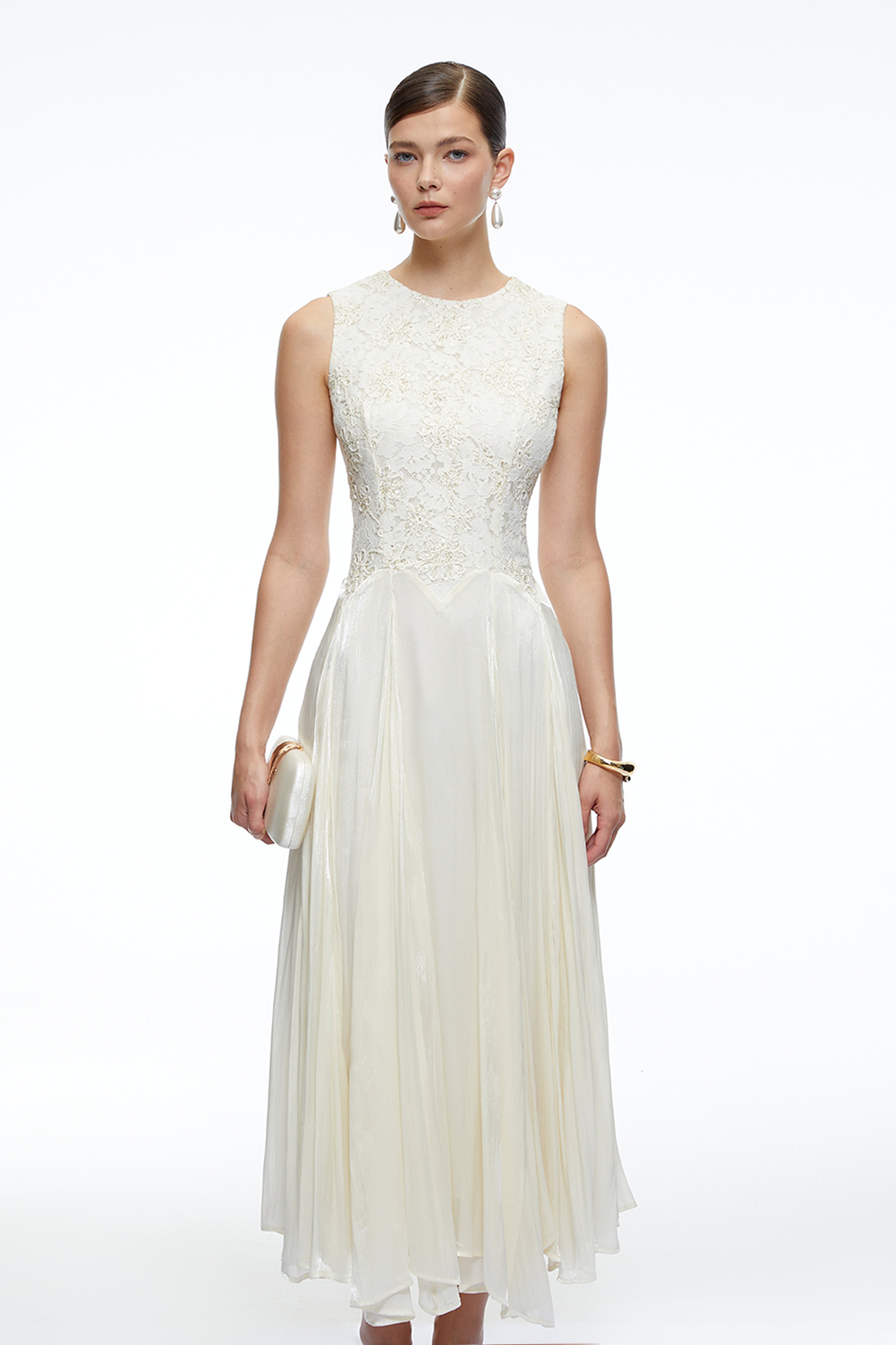 Elara White Sleeveless Round Neck Lace Midi Dress