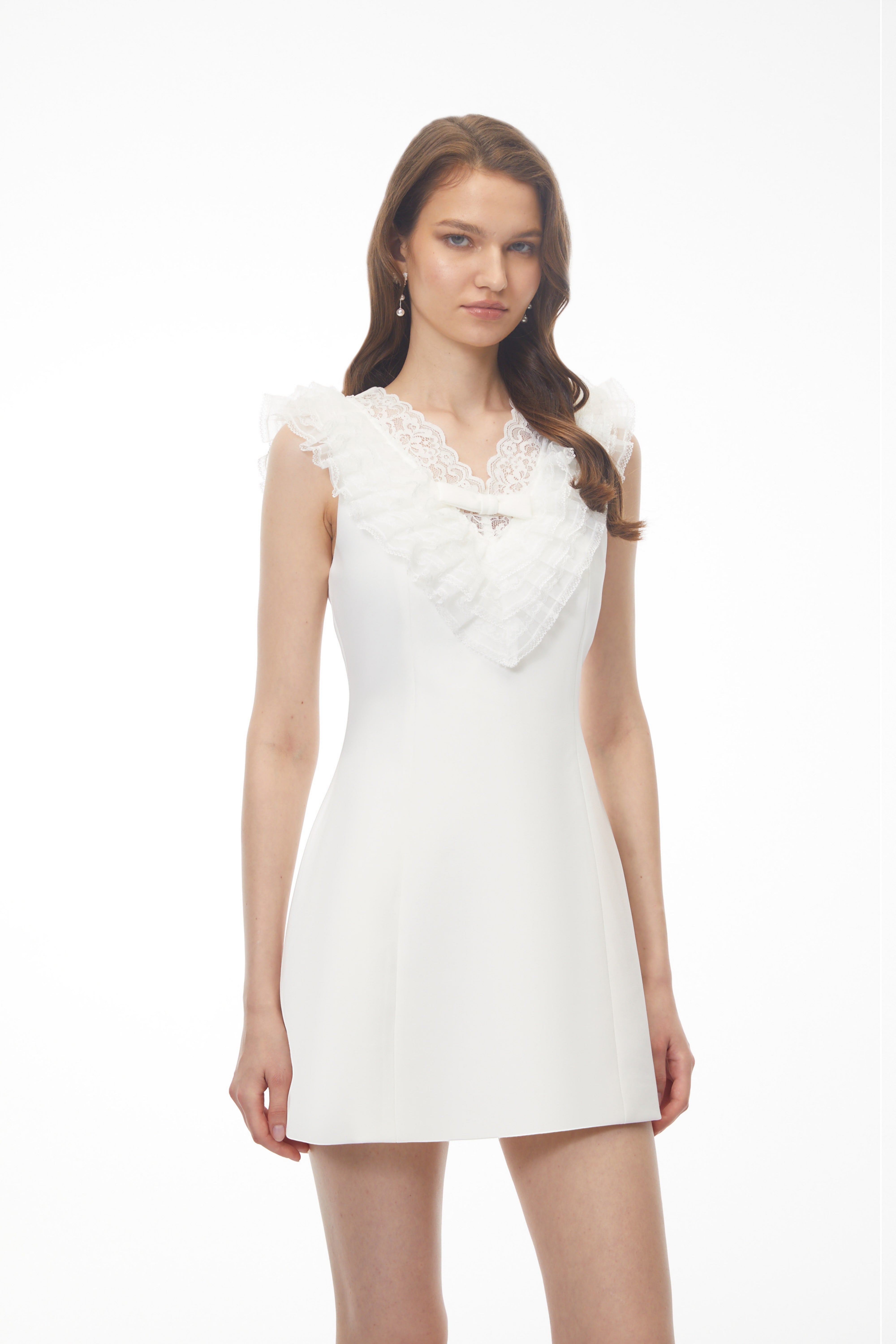 Elisabeth White V-Neck Mini Dress with Lace Panels (Final Sale)