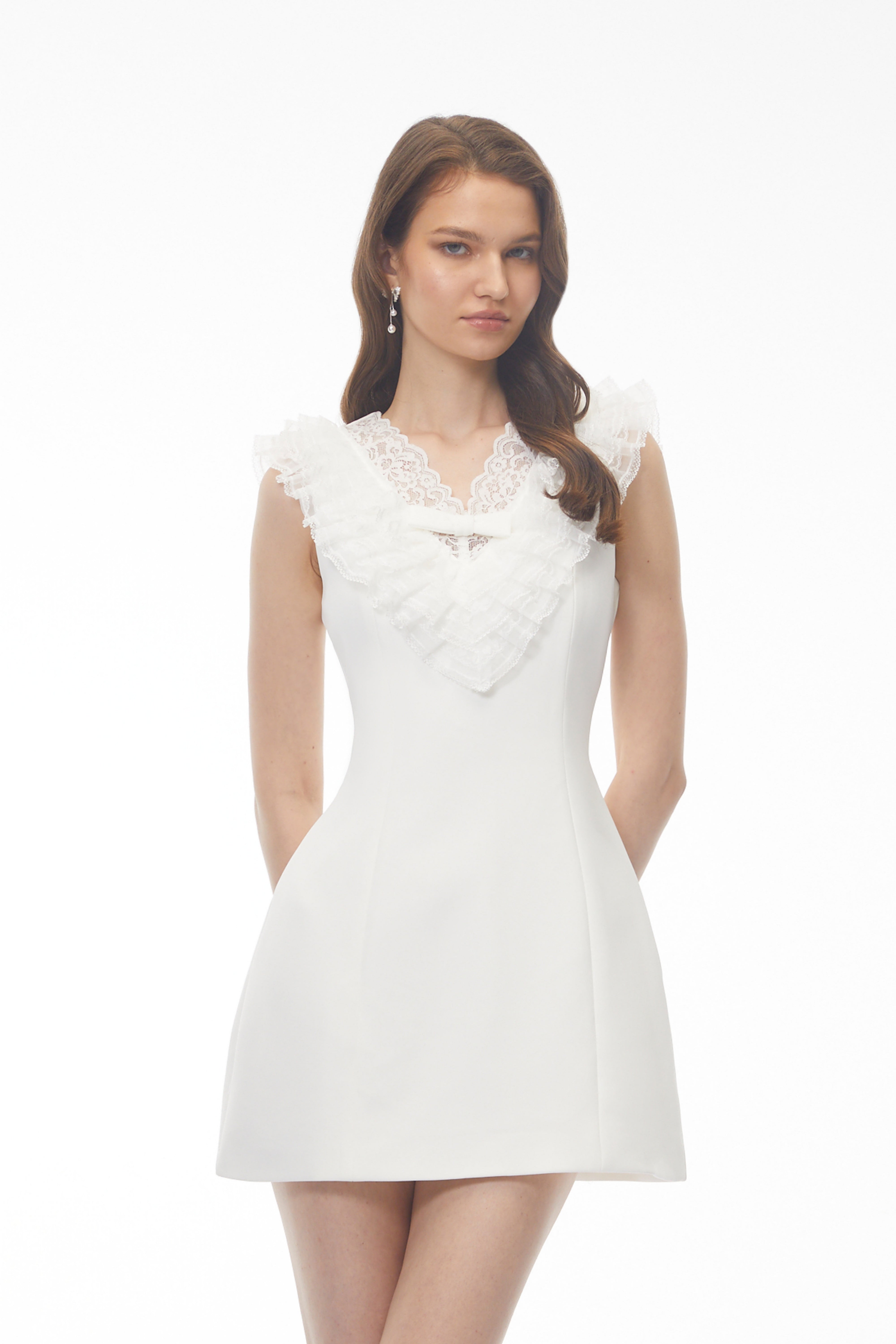 Elisabeth White V-Neck Mini Dress with Lace Panels (Final Sale)