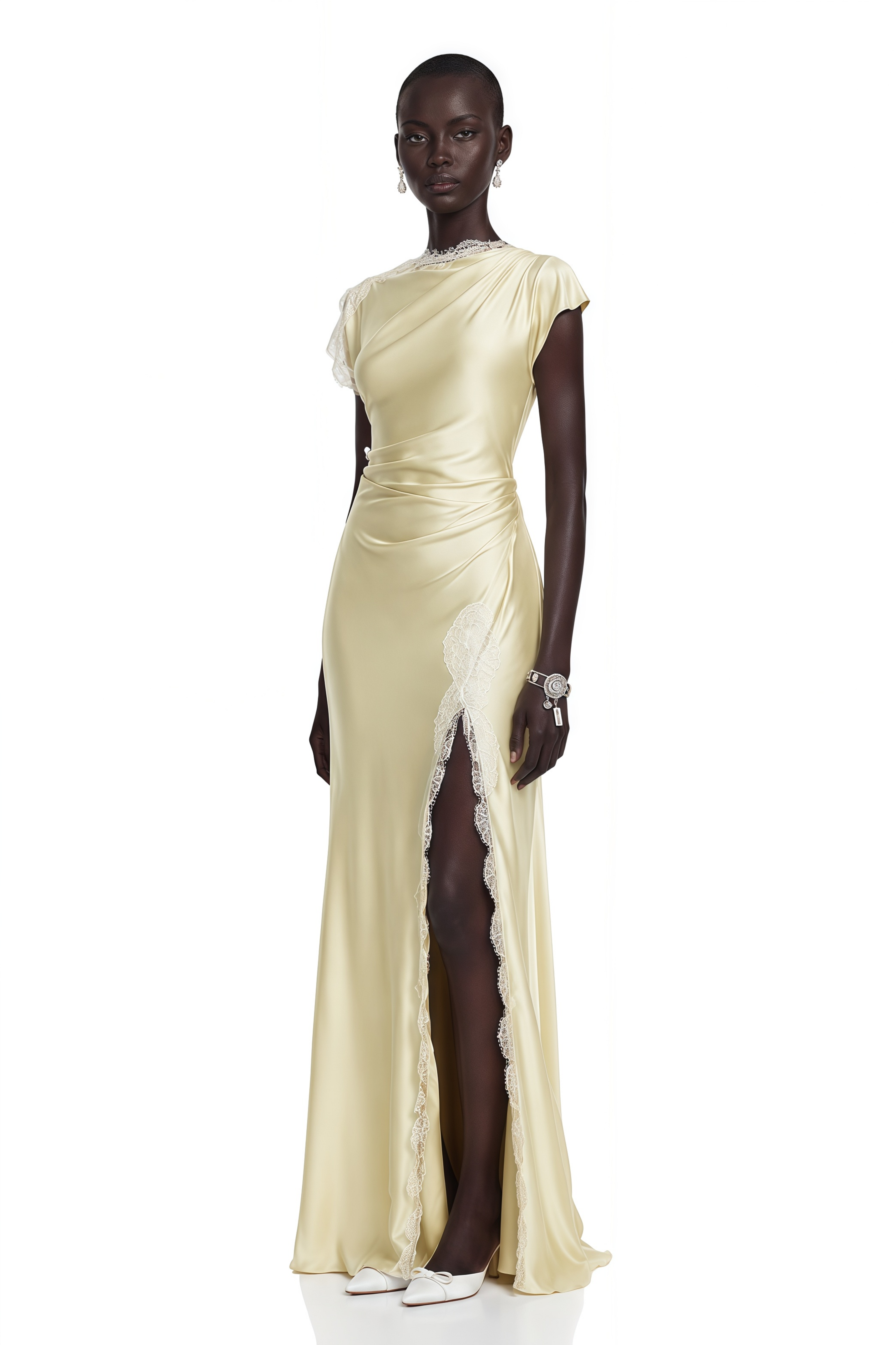Elowen Yellow Satin Maxi Dress with Lace Trim and Slit