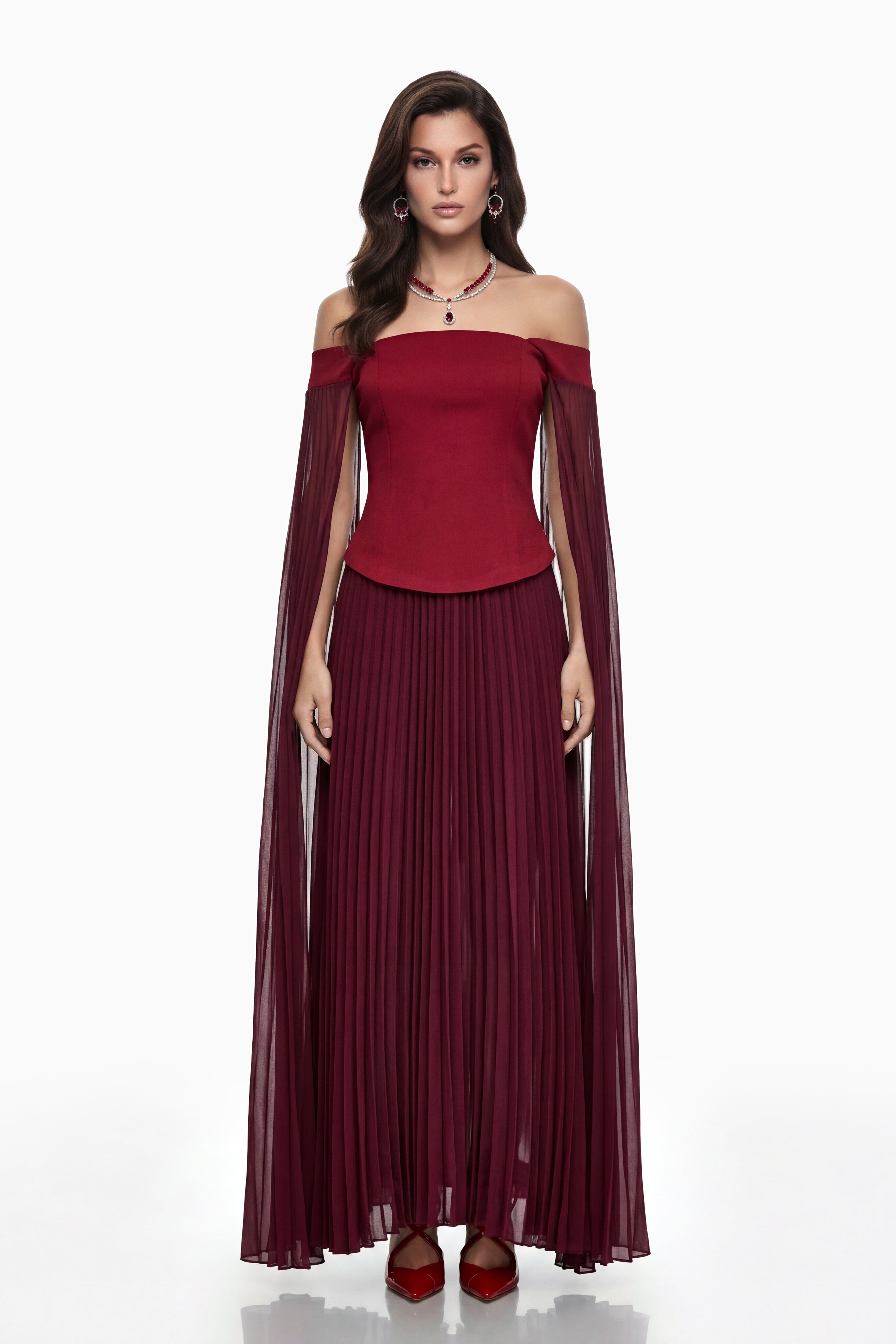 Elowenna Red Off Shoulder Top & Pleated Skirt Set (Final Sale)