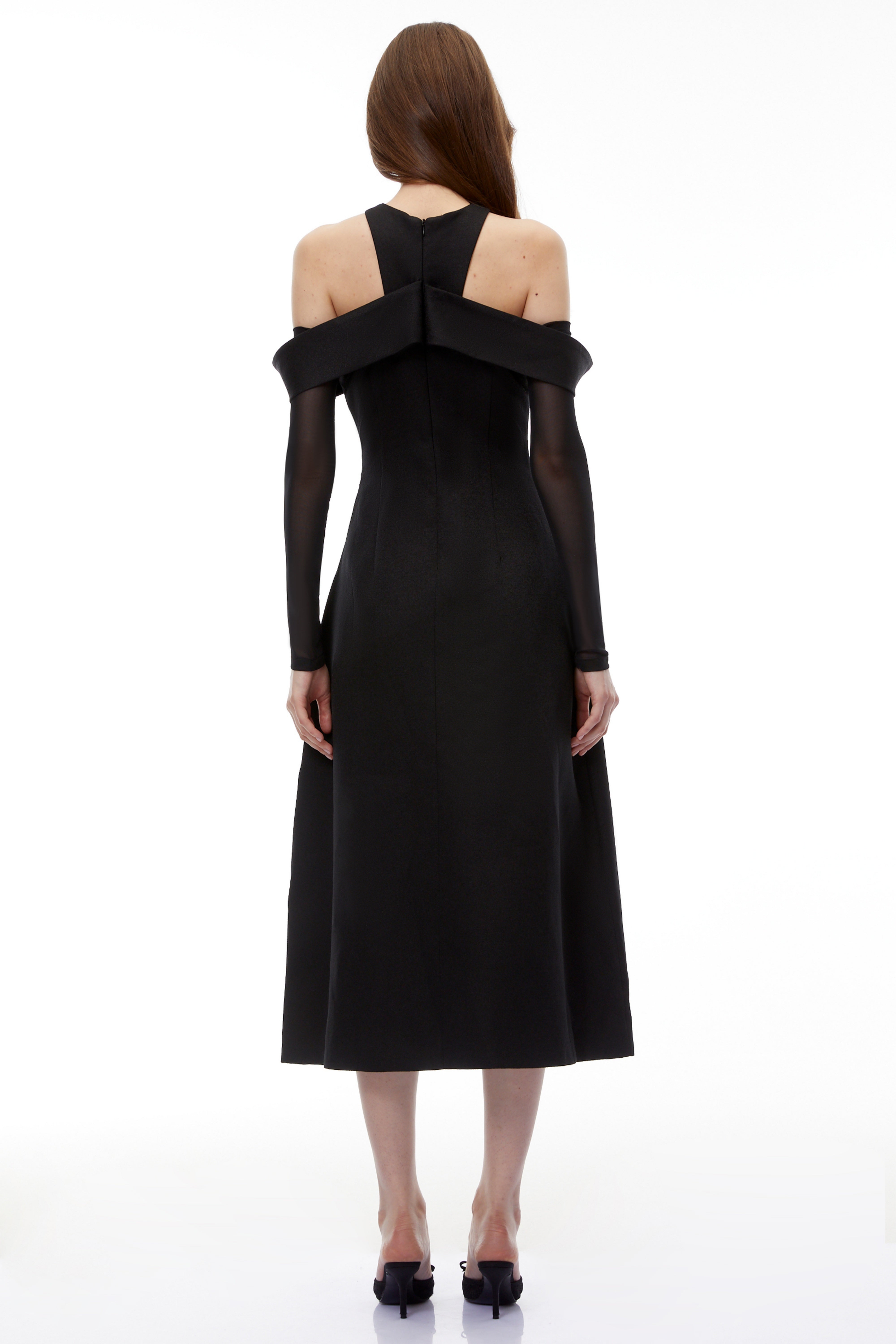 Erika Black Cold Shoulder Draped Midi Dress (Final Sale)