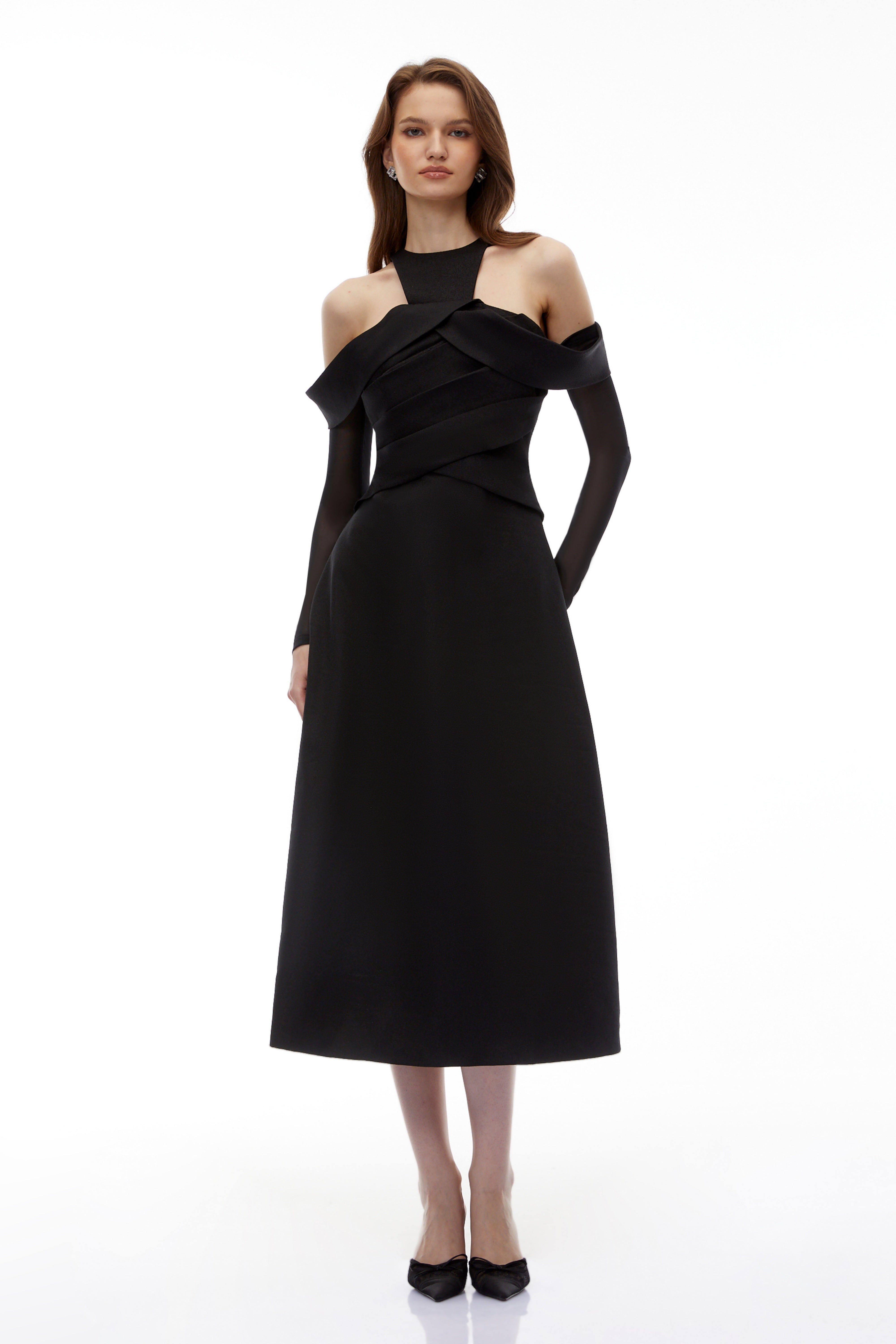 Erika Black Cold Shoulder Draped Midi Dress (Final Sale)