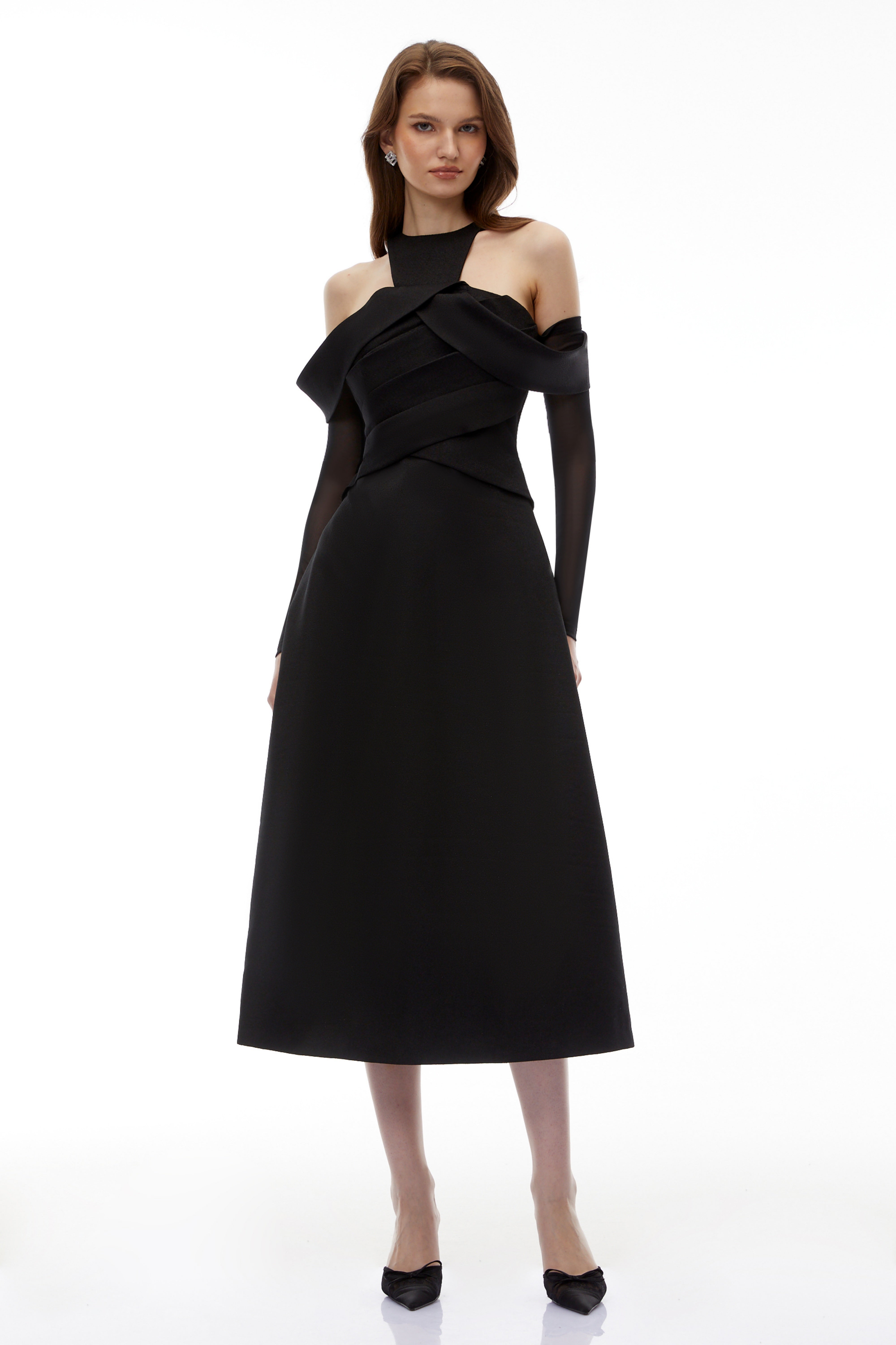 Erika Black Cold Shoulder Draped Midi Dress (Final Sale)