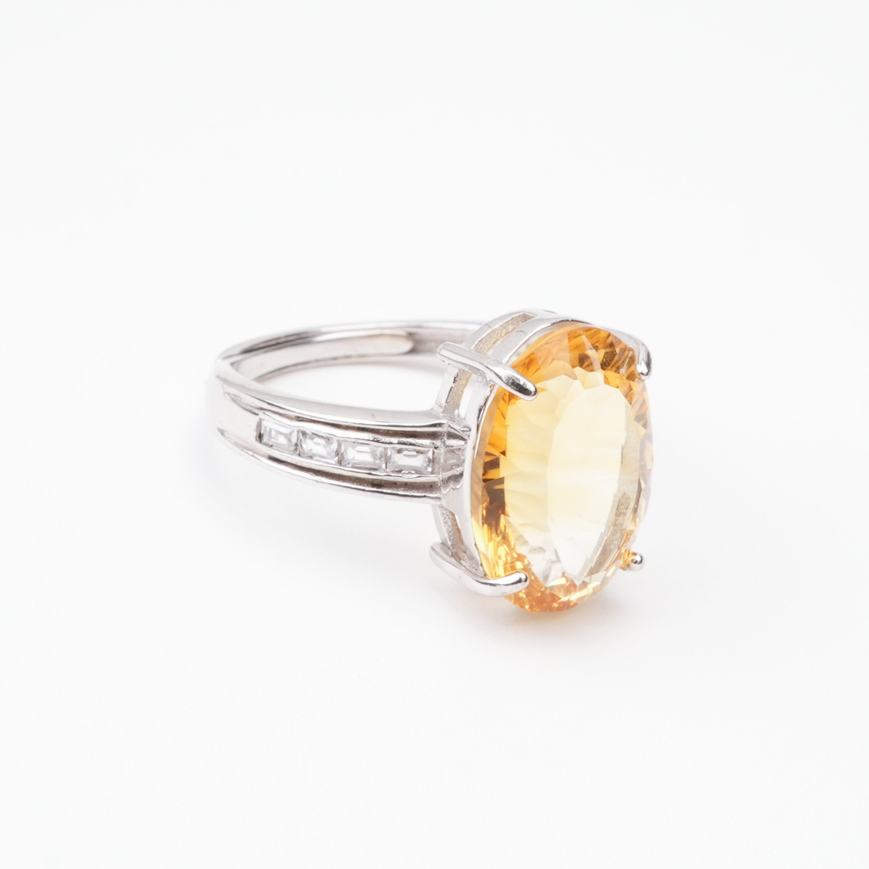 Esmeralda Yellow Citrine Oval Cut Baguette Crystal Sterling Silver Ring