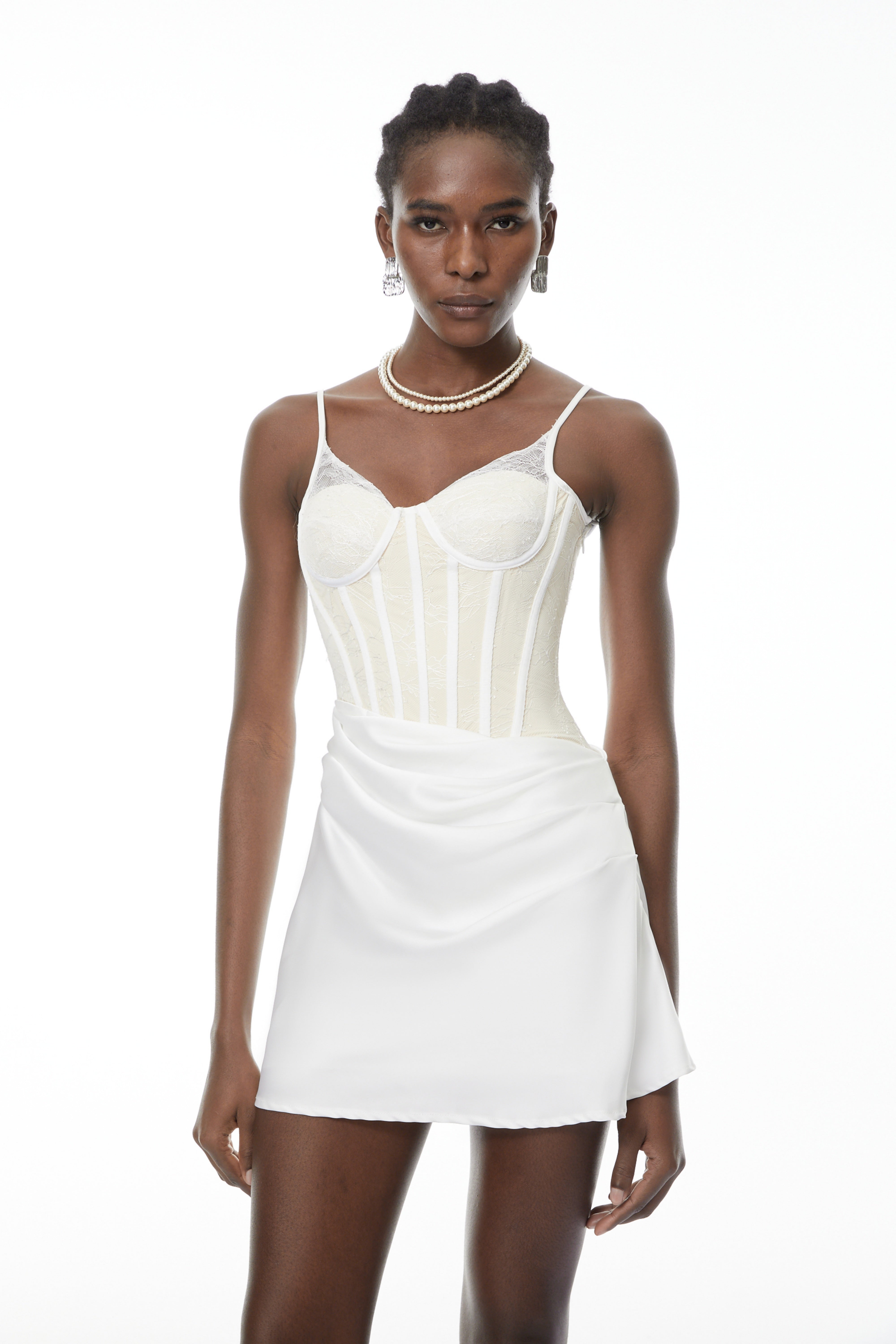 Eufrosina White Bodycon Mini Dress with Lace Panels (Final Sale)