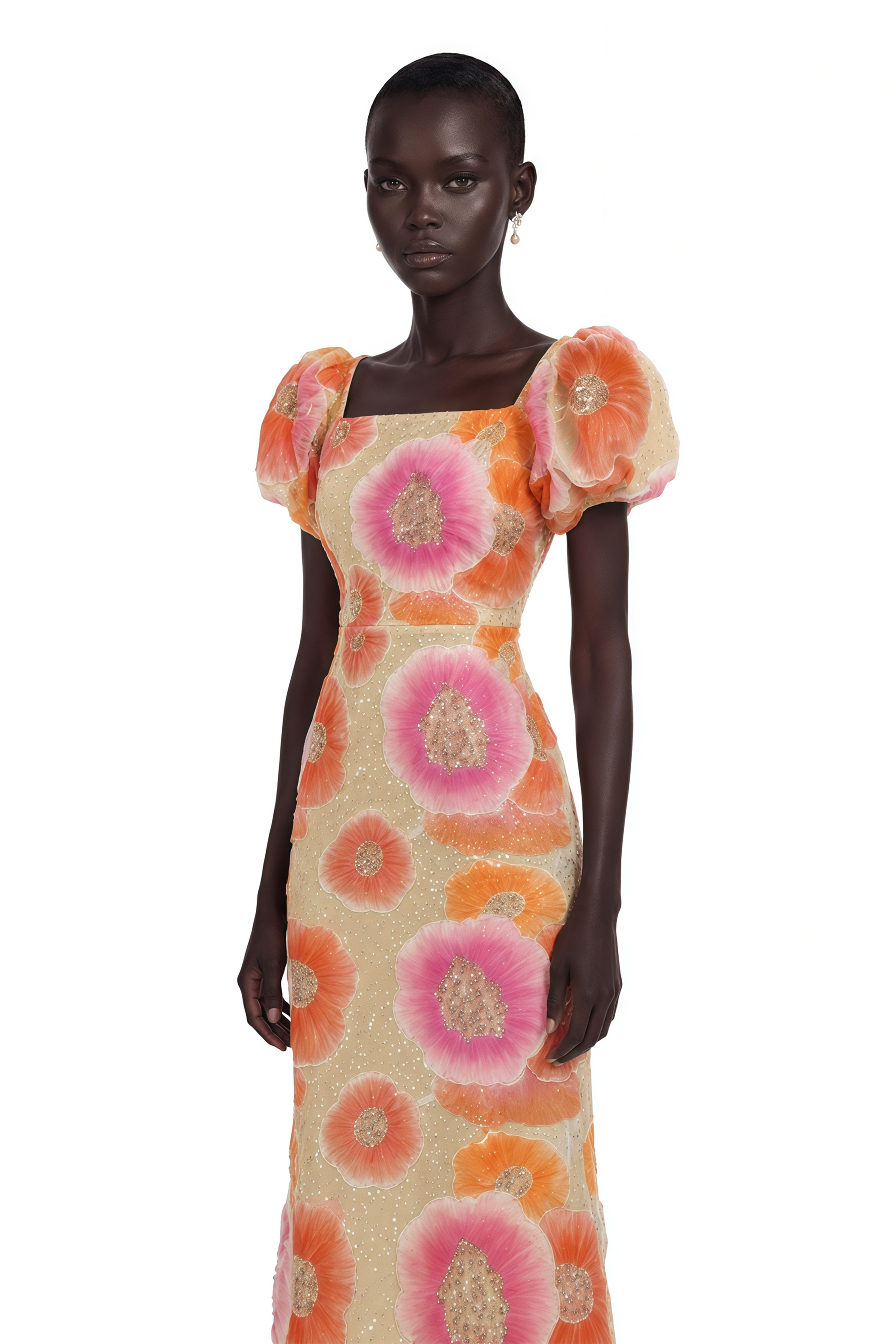 Beige puff-sleeve midi dress with large pink and orange floral prints