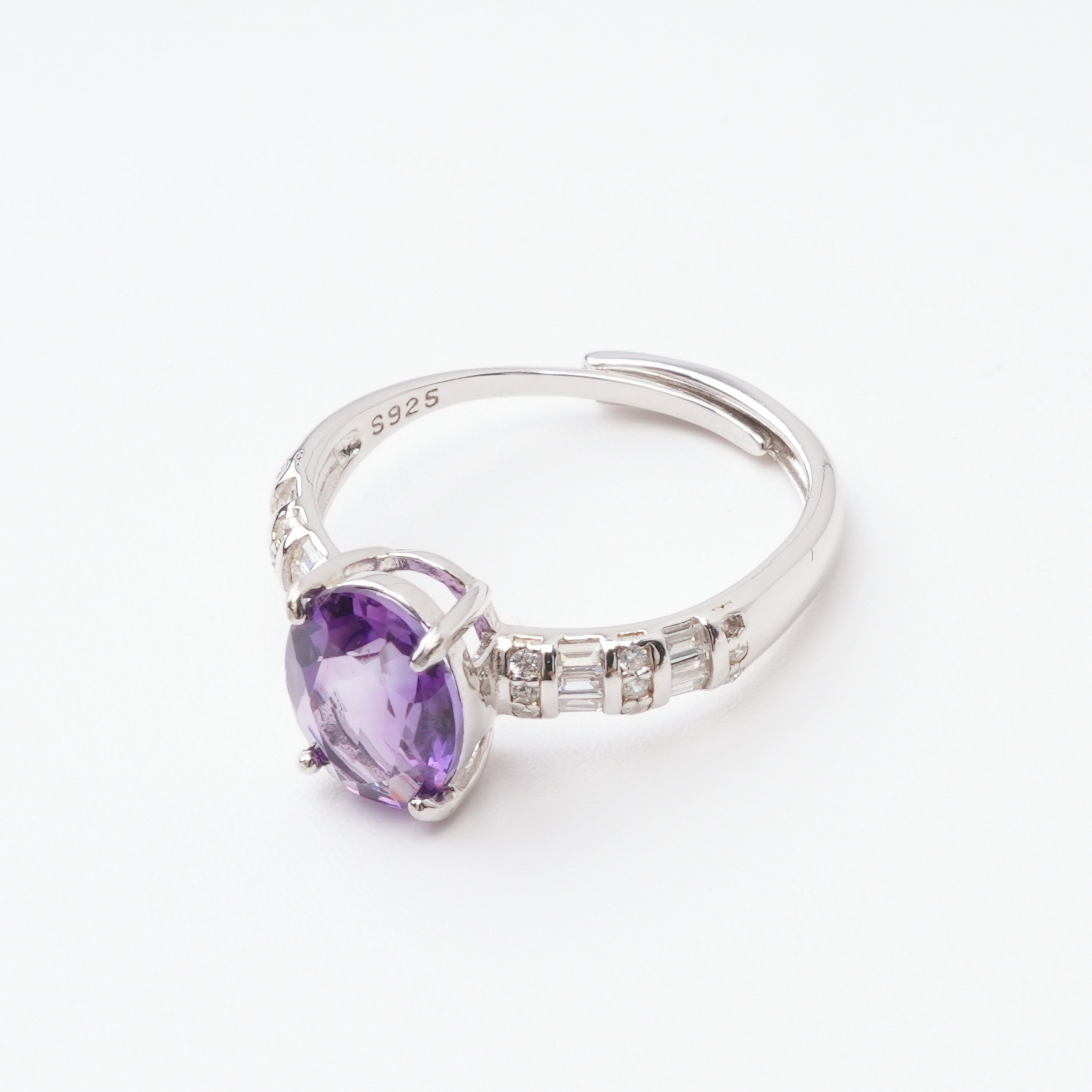 Evelina Purple Amethyst Oval Cut Baguette Crystal Sterling Silver Ring