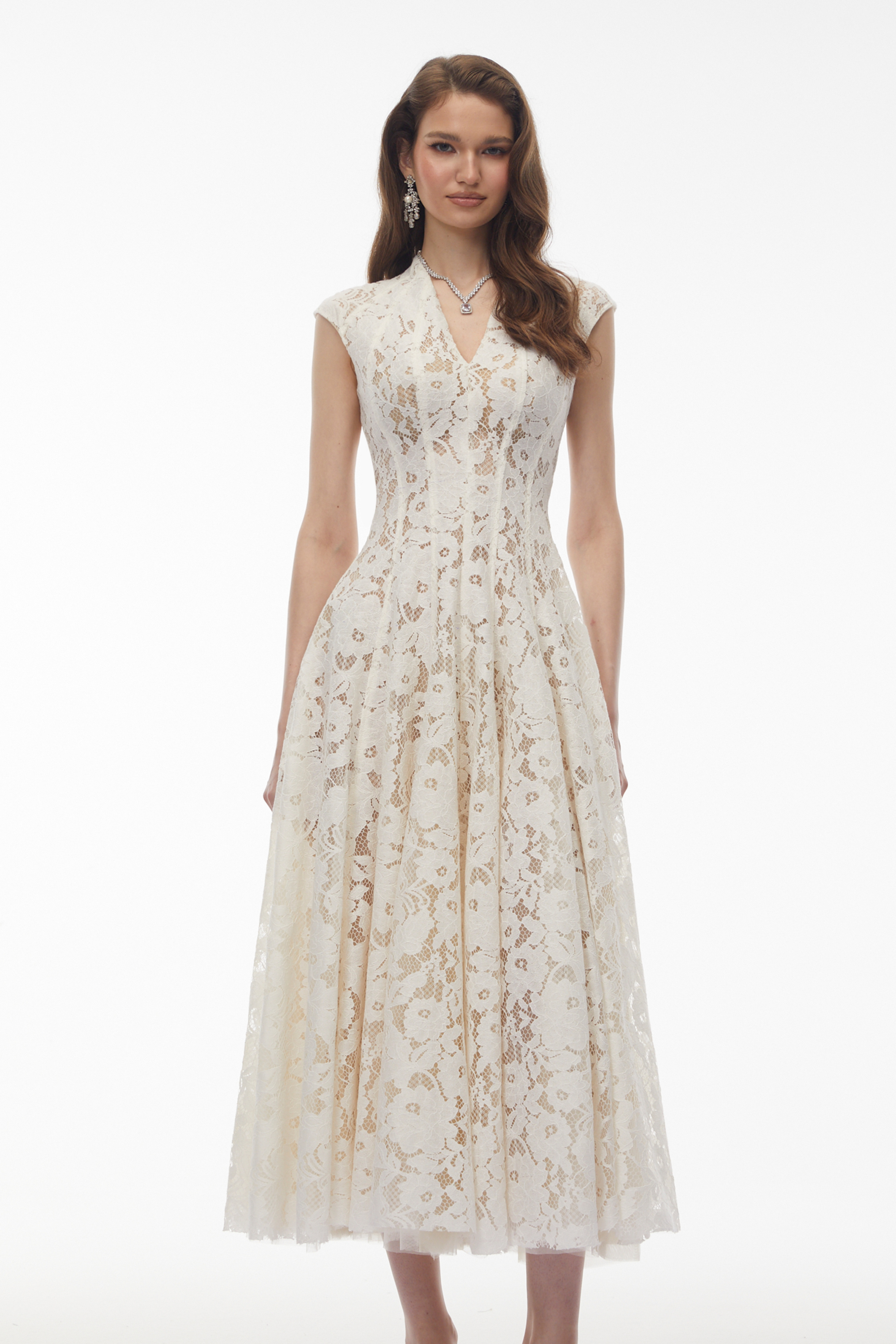 Ivory lace V-neck midi dress with cap sleeves