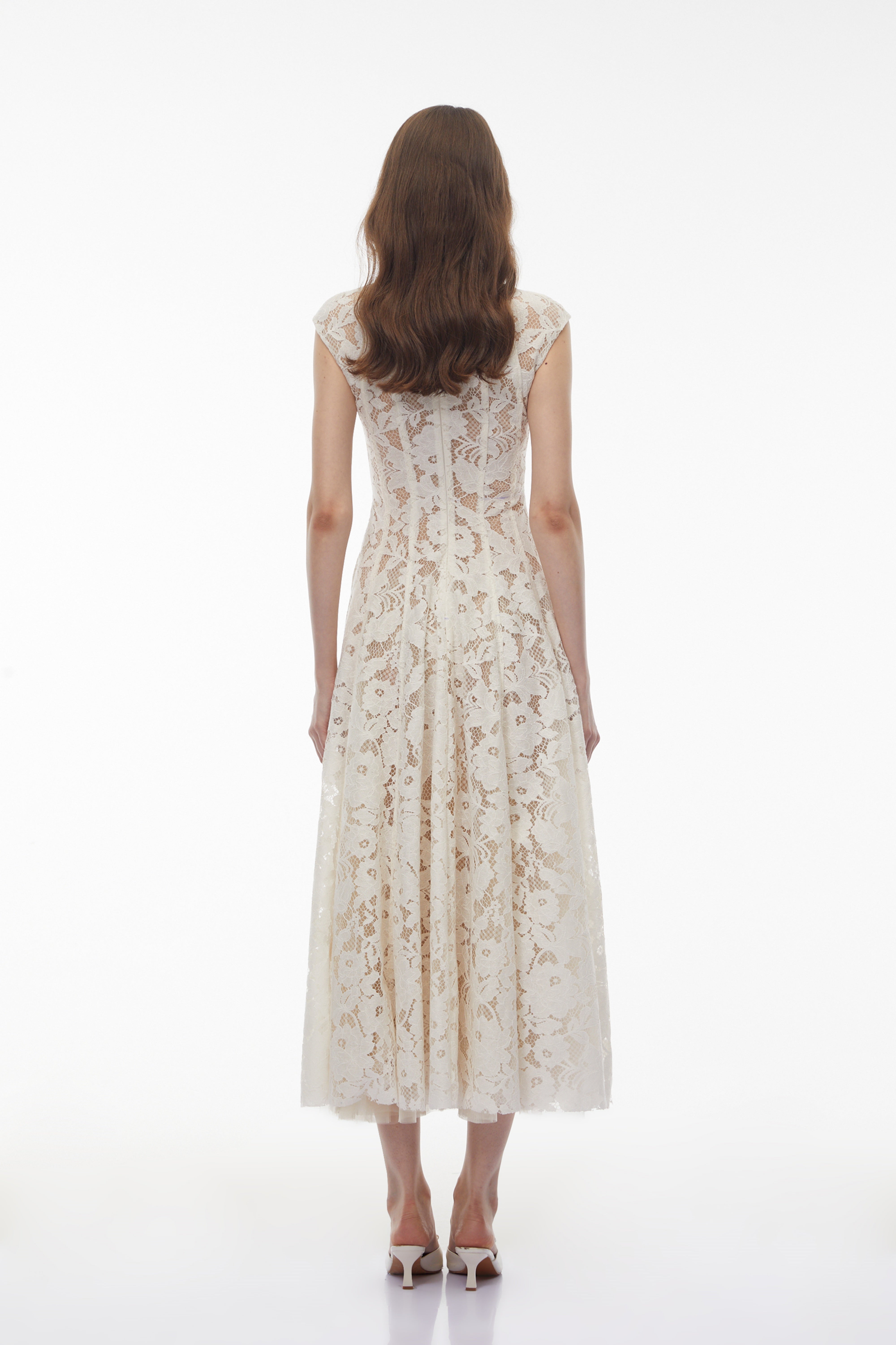 Ivory lace V-neck midi dress with cap sleeves