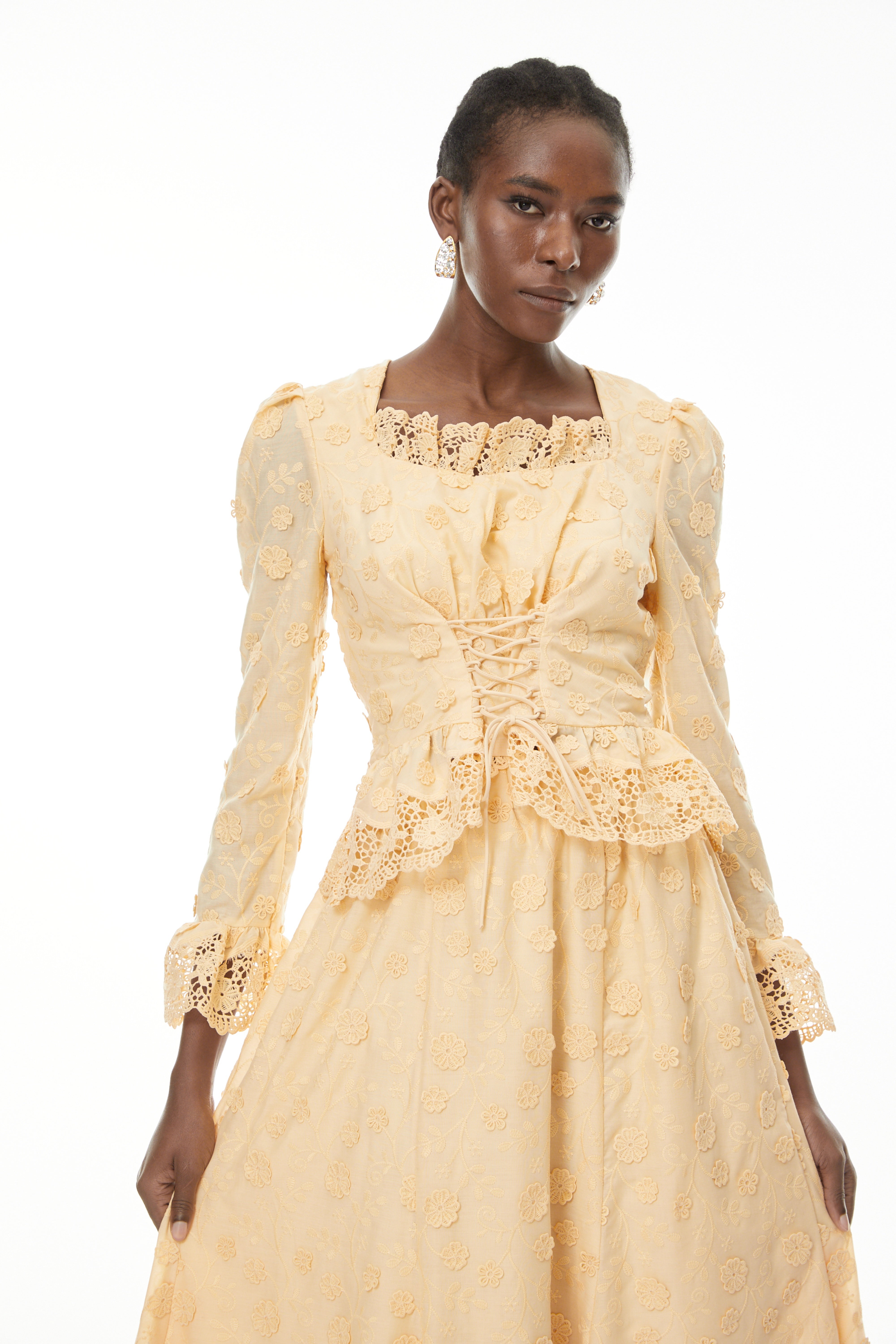 Fiorenza Neutrals Floral Lace Blouse & Skirt Set (Final Sale-US Only)