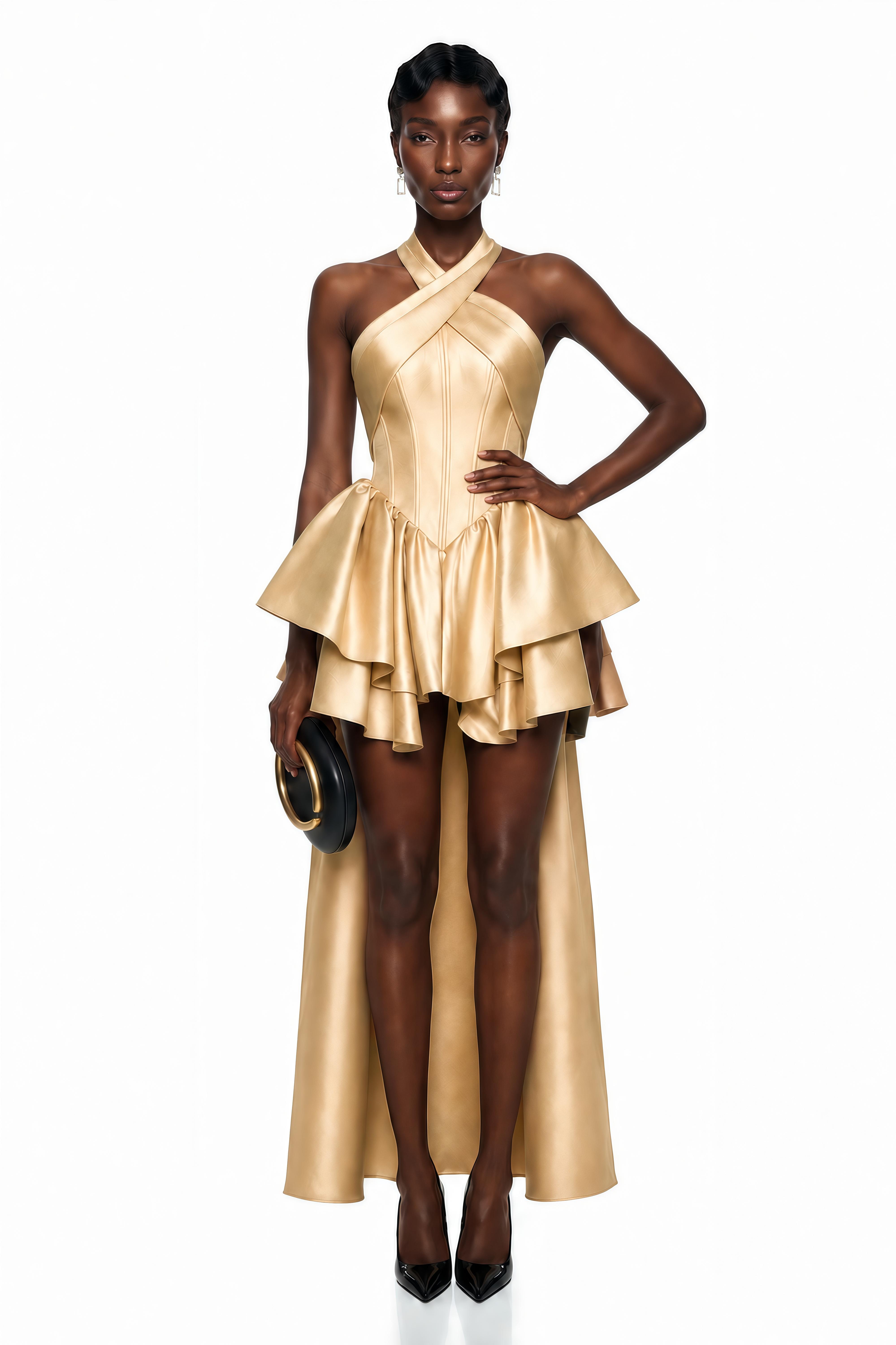Gold satin high-low dress with a crisscross halter neckline, structured corset bodice, and layered ruffled skirt