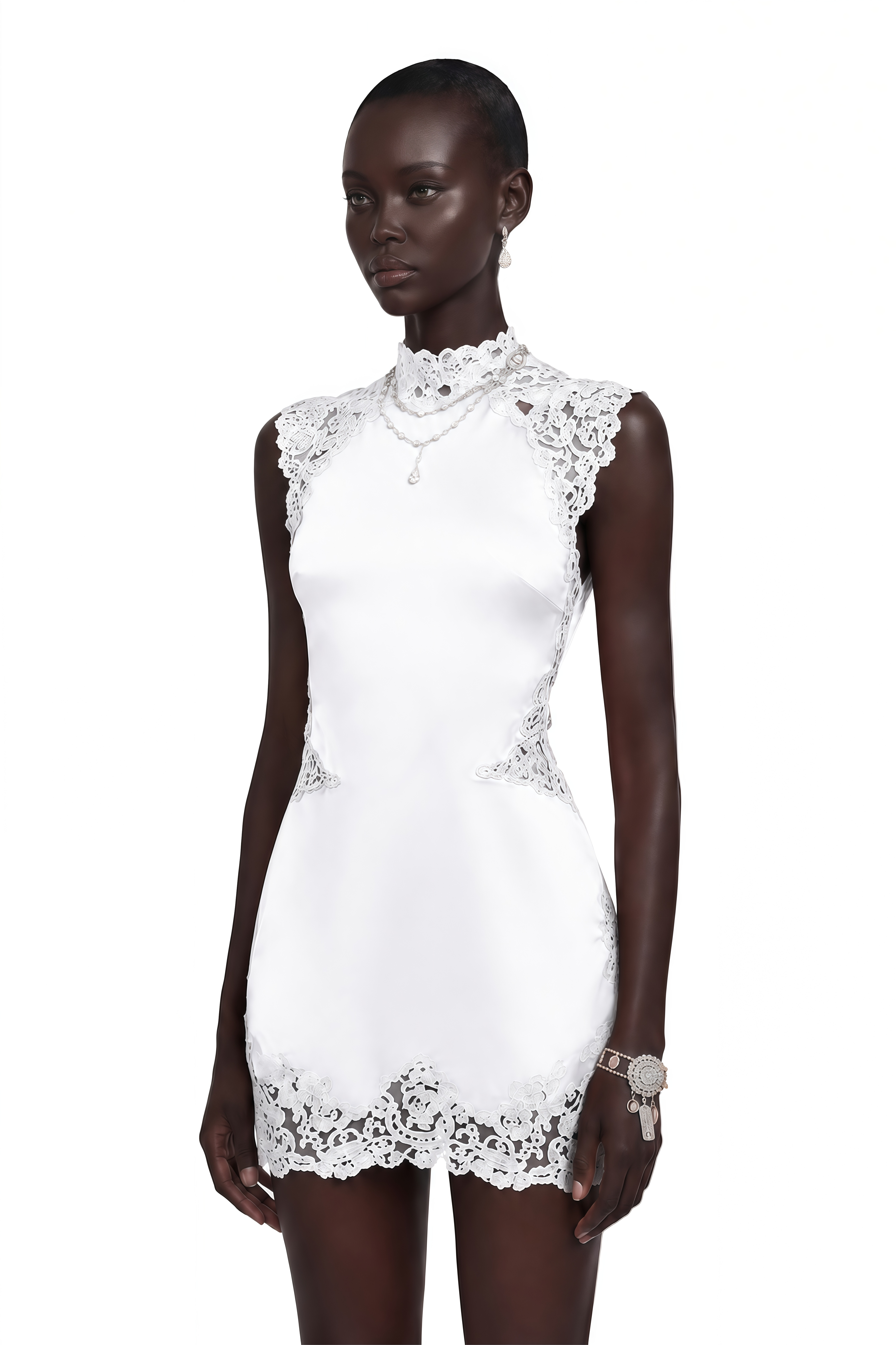 Flavie White Satin Mini Dress with Lace Trim