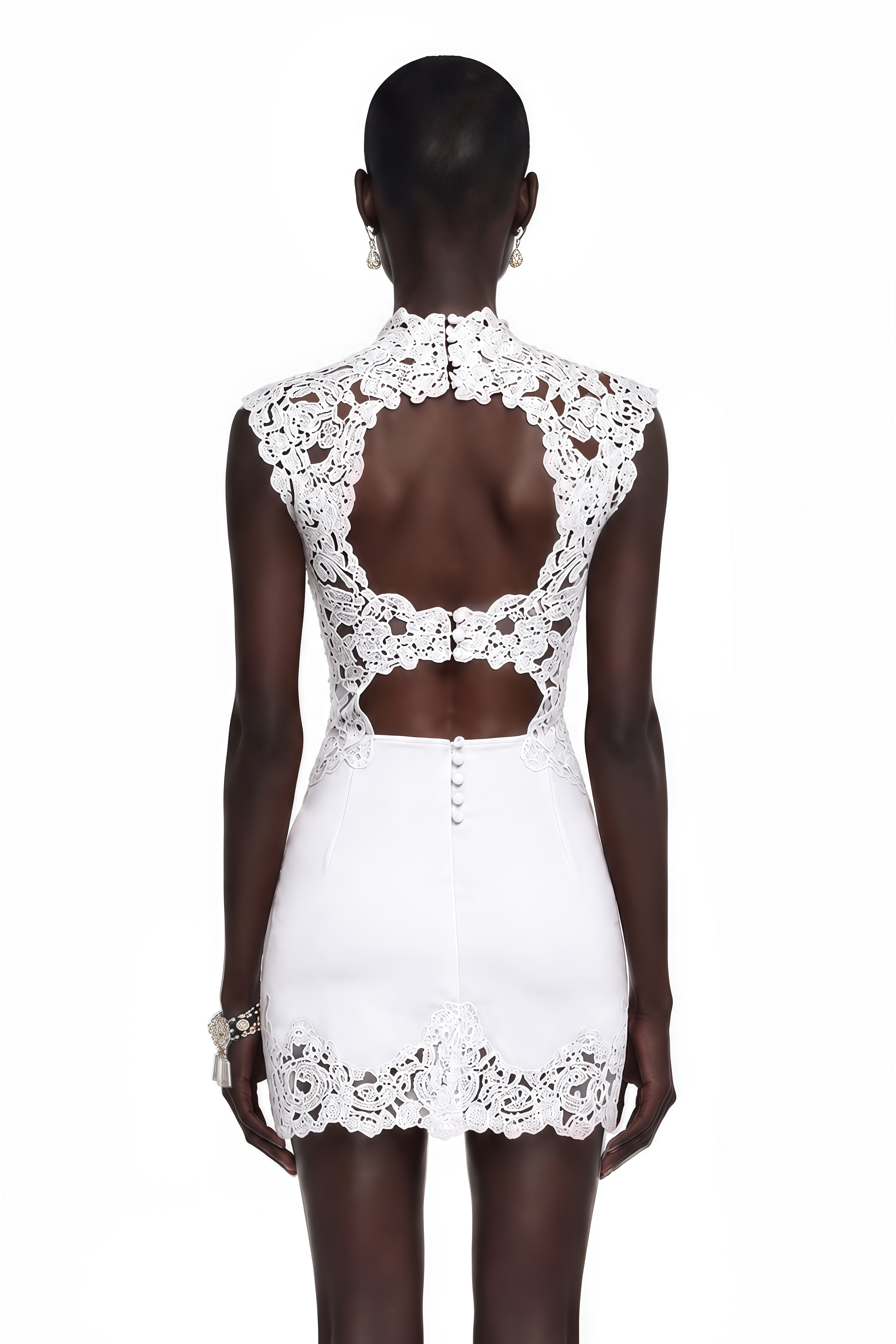 Flavie White Satin Mini Dress with Lace Trim