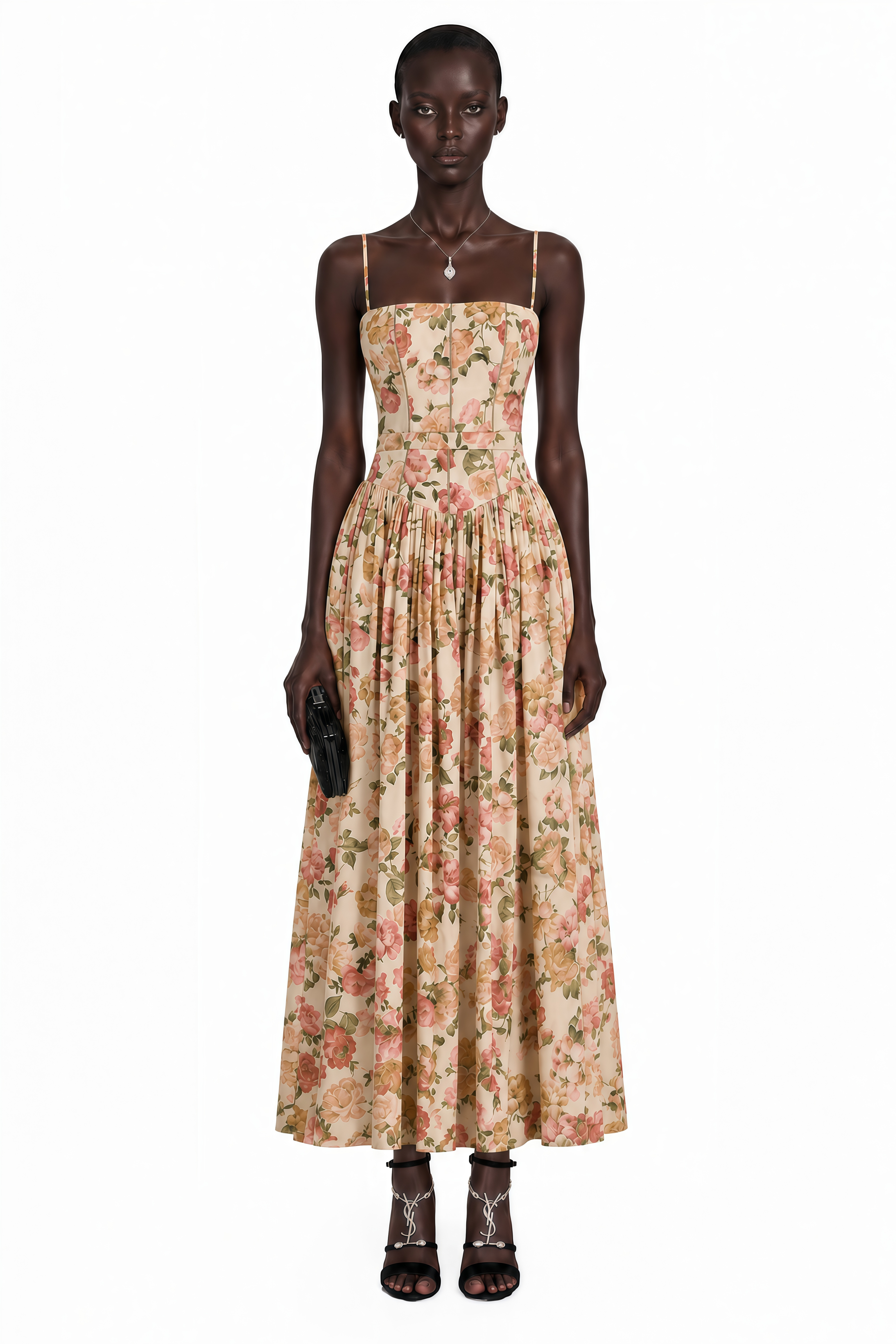 Floral midi dress with spaghetti straps, a structured corset bodice, and a gathered A-line skirt