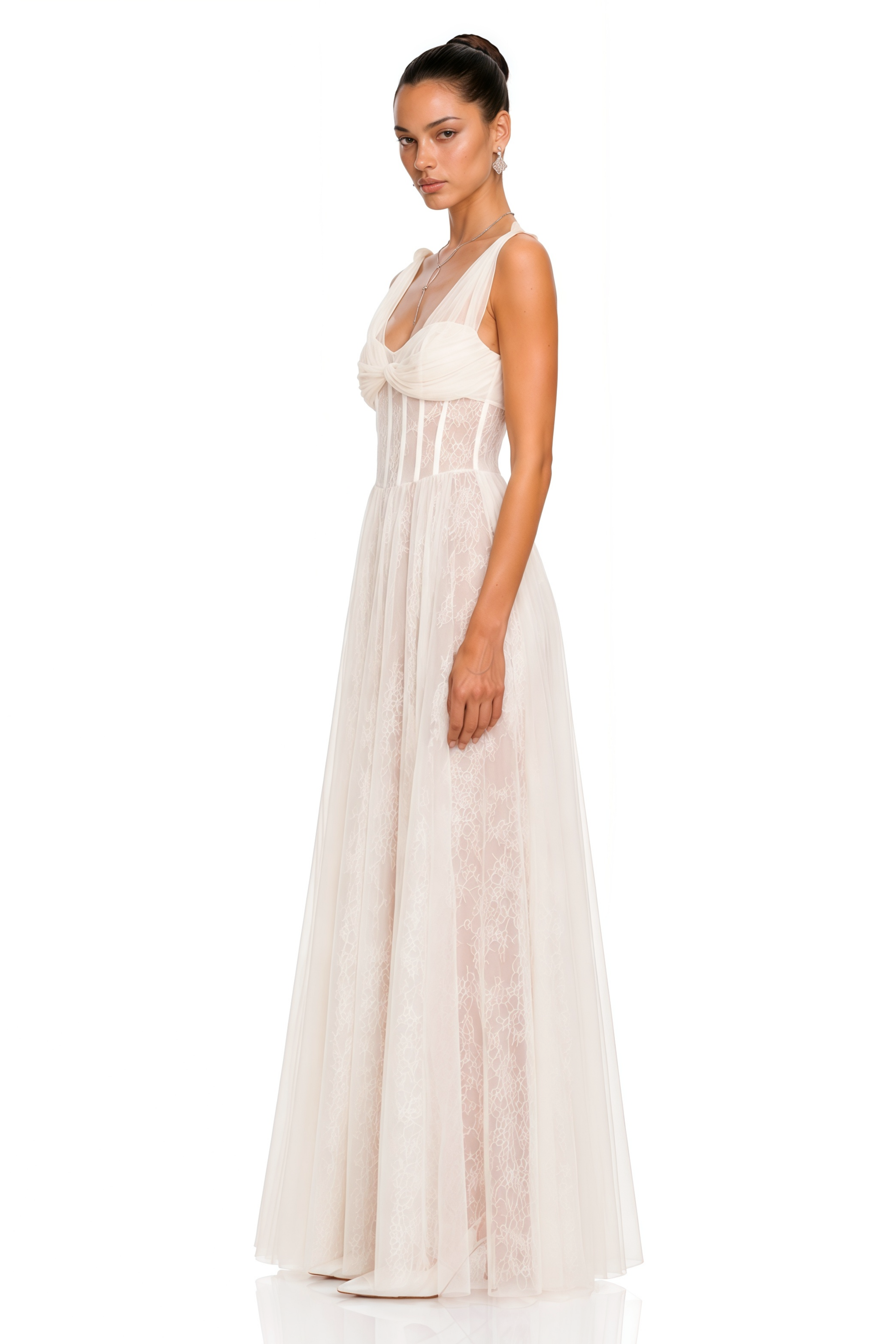 Florence White Corset Lace Maxi Dress with Ruffled Straps