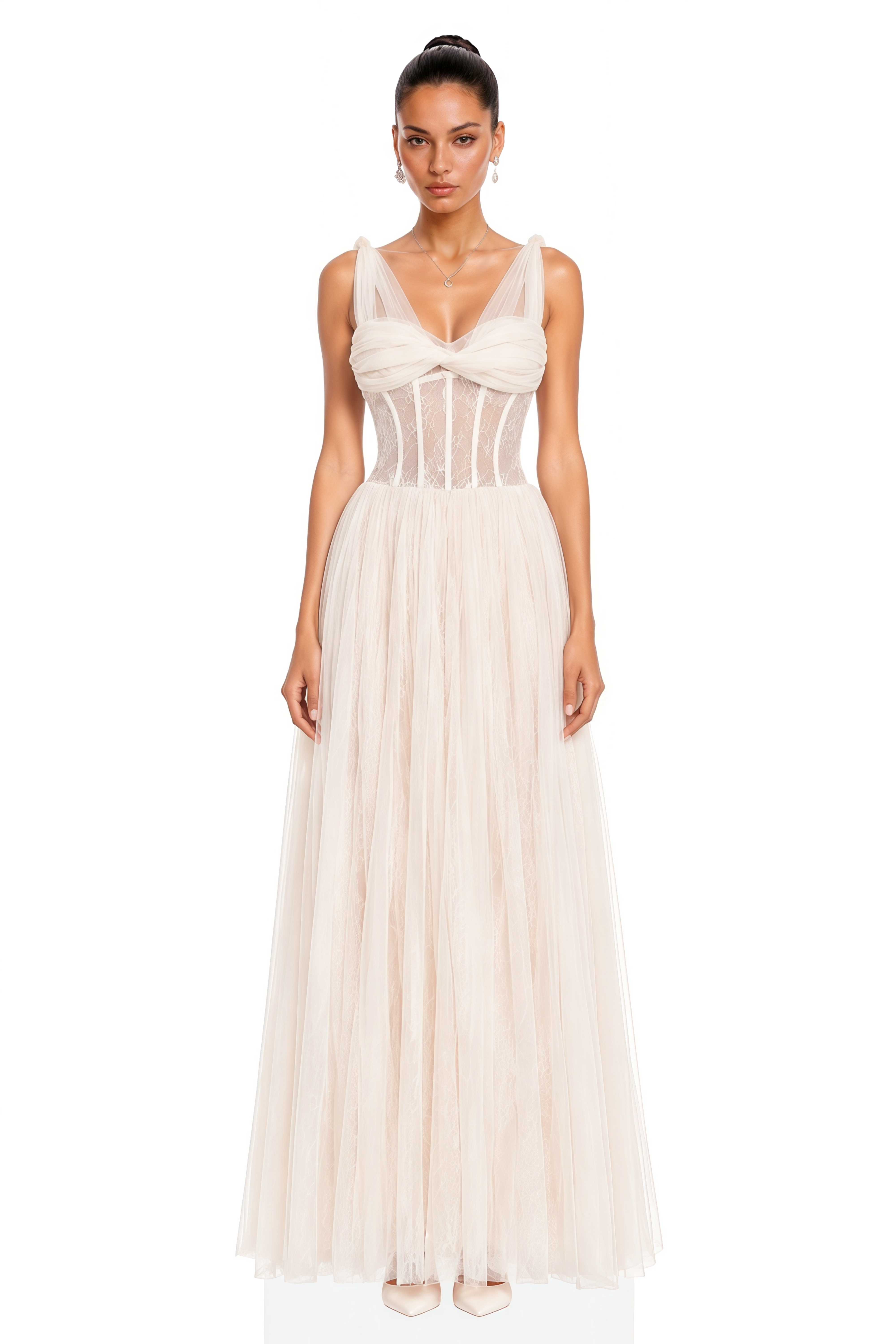Florence White Corset Lace Maxi Dress with Ruffled Straps