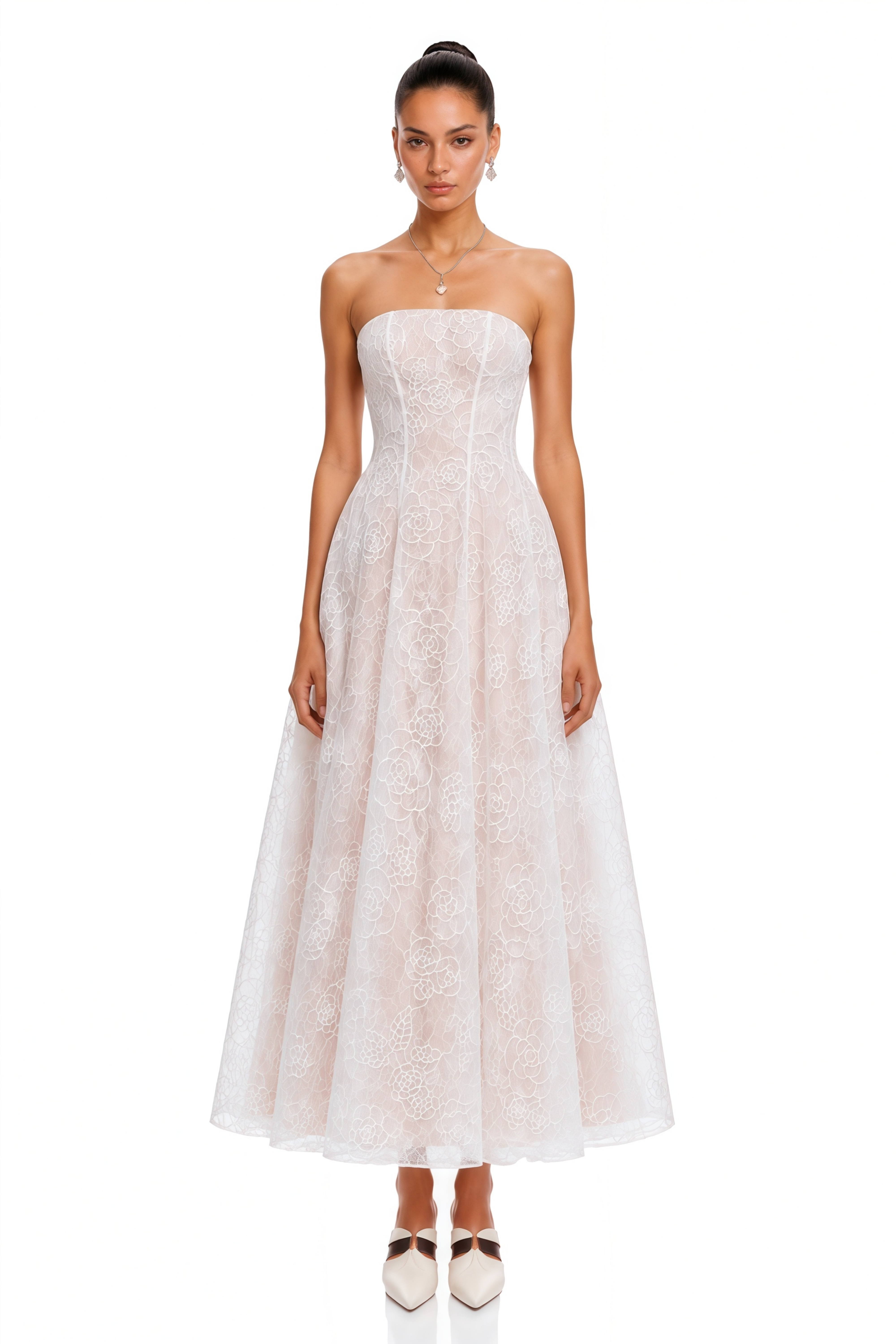 Francesca White Strapless Floral Lace A-Line Maxi Dress