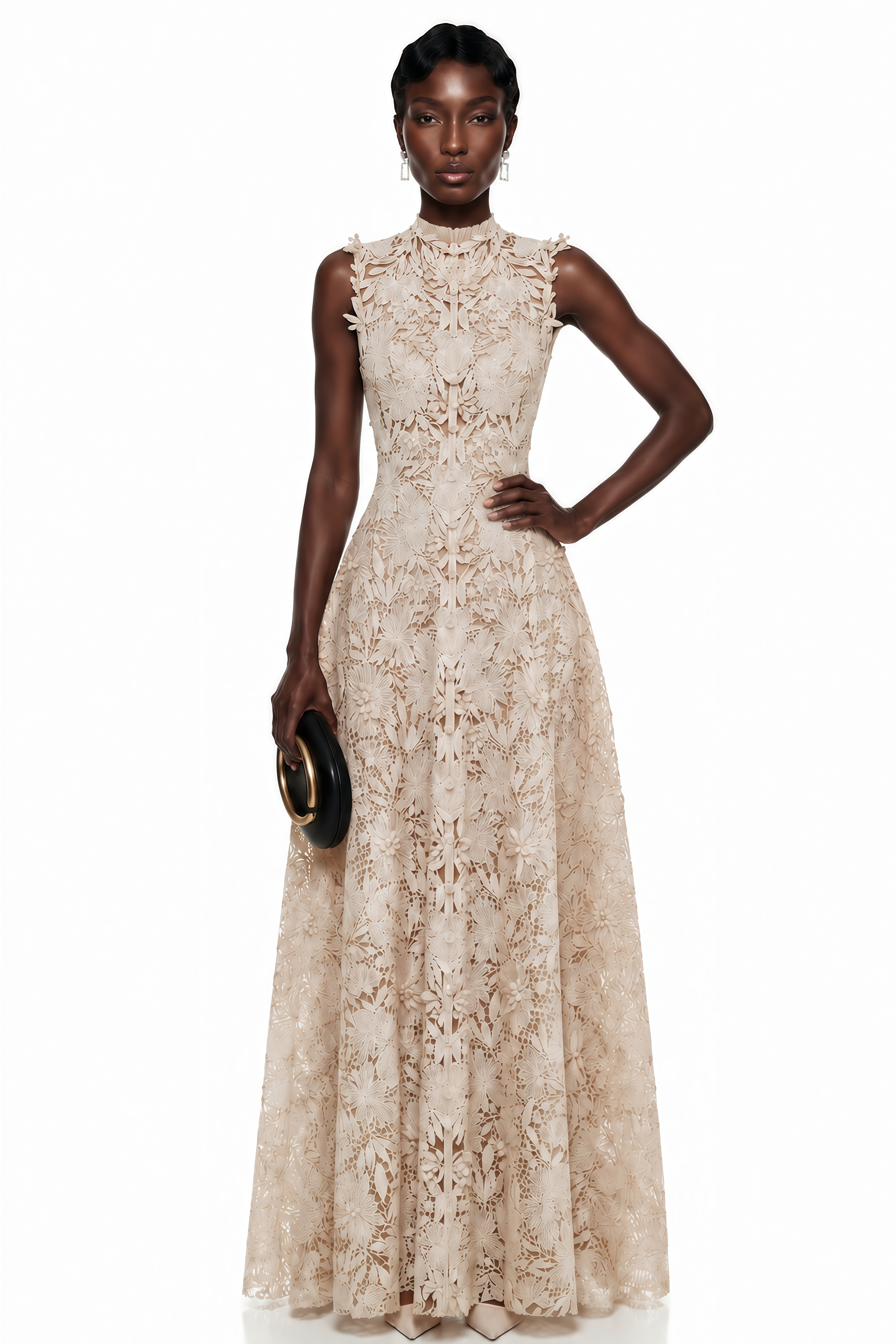 Cream lace maxi dress with a high neckline and 3D floral applique details