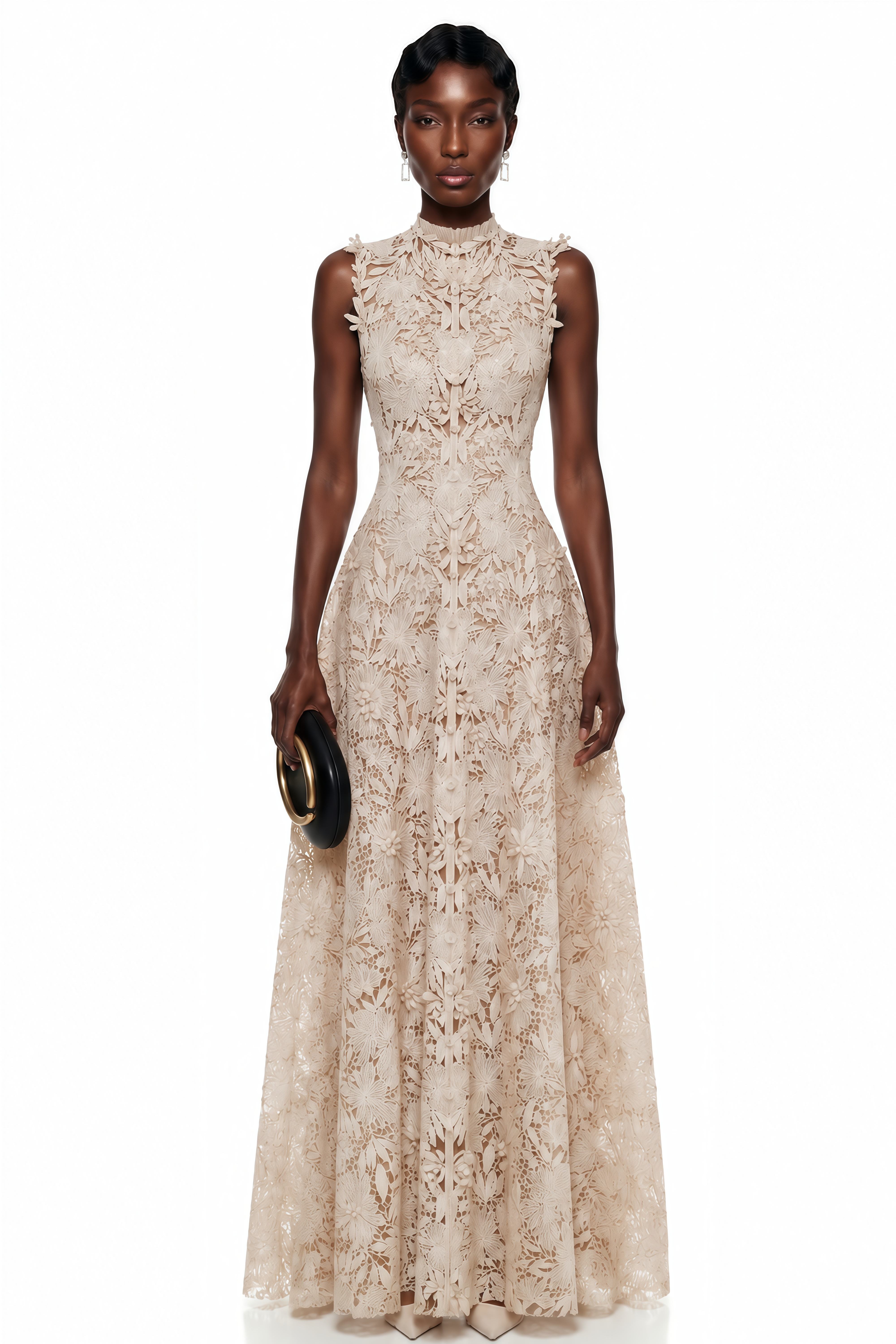 Cream lace maxi dress with a high neckline and 3D floral applique details