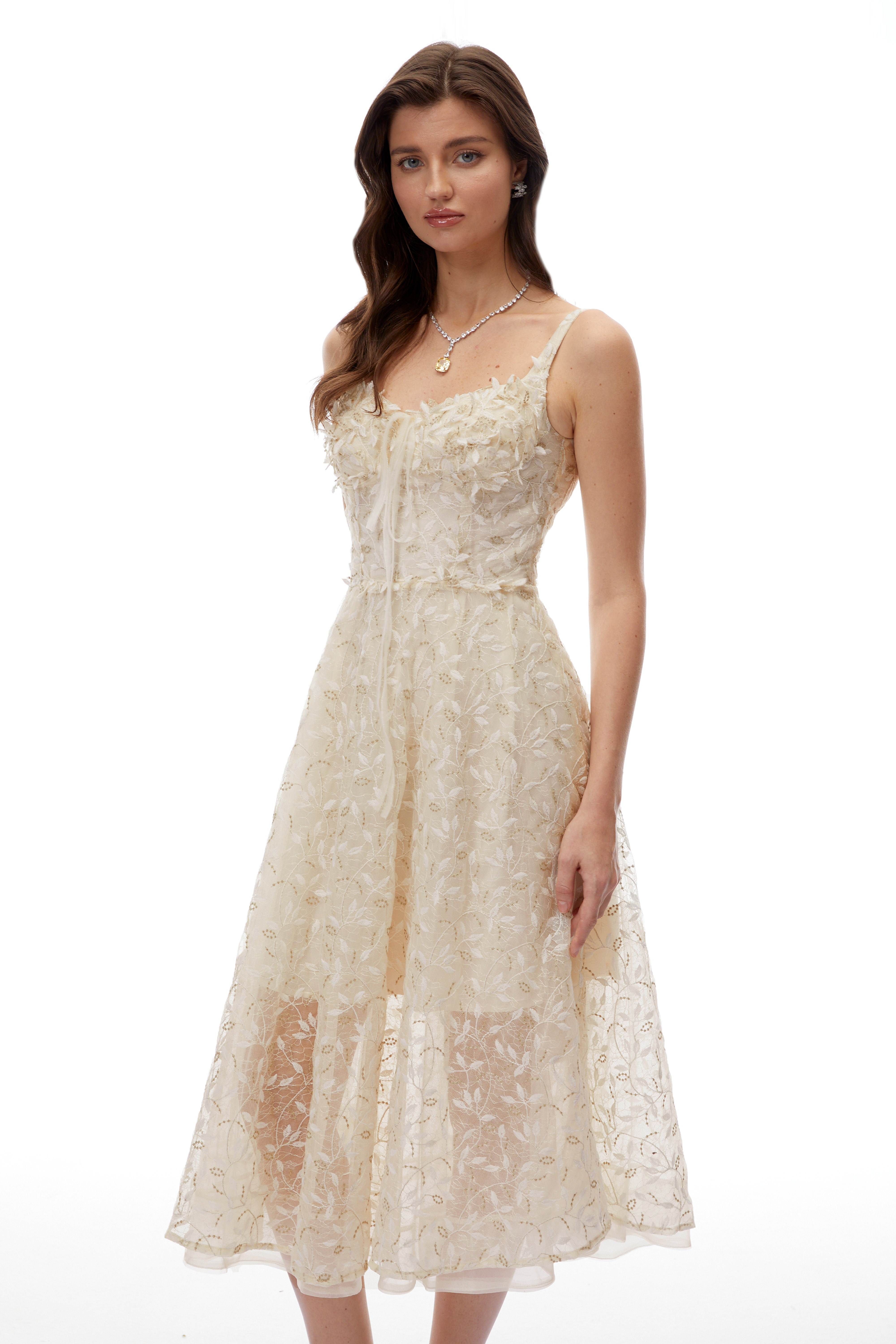 Cream embroidered A-line midi dress with 3D floral details at the neckline