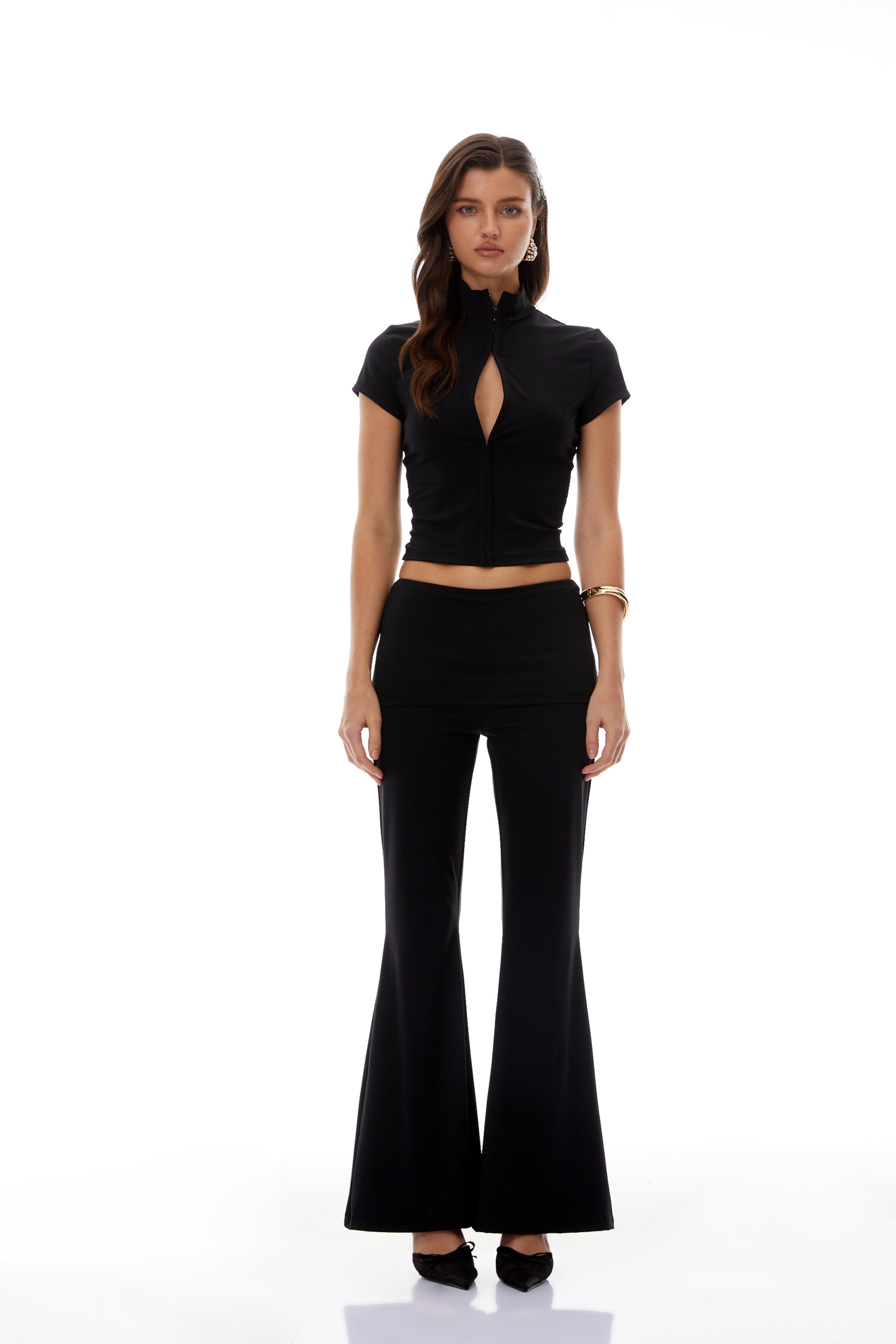 Gabrielle Black Zip-Front Cut-Out Top & Flared Pants Set (Final Sale)