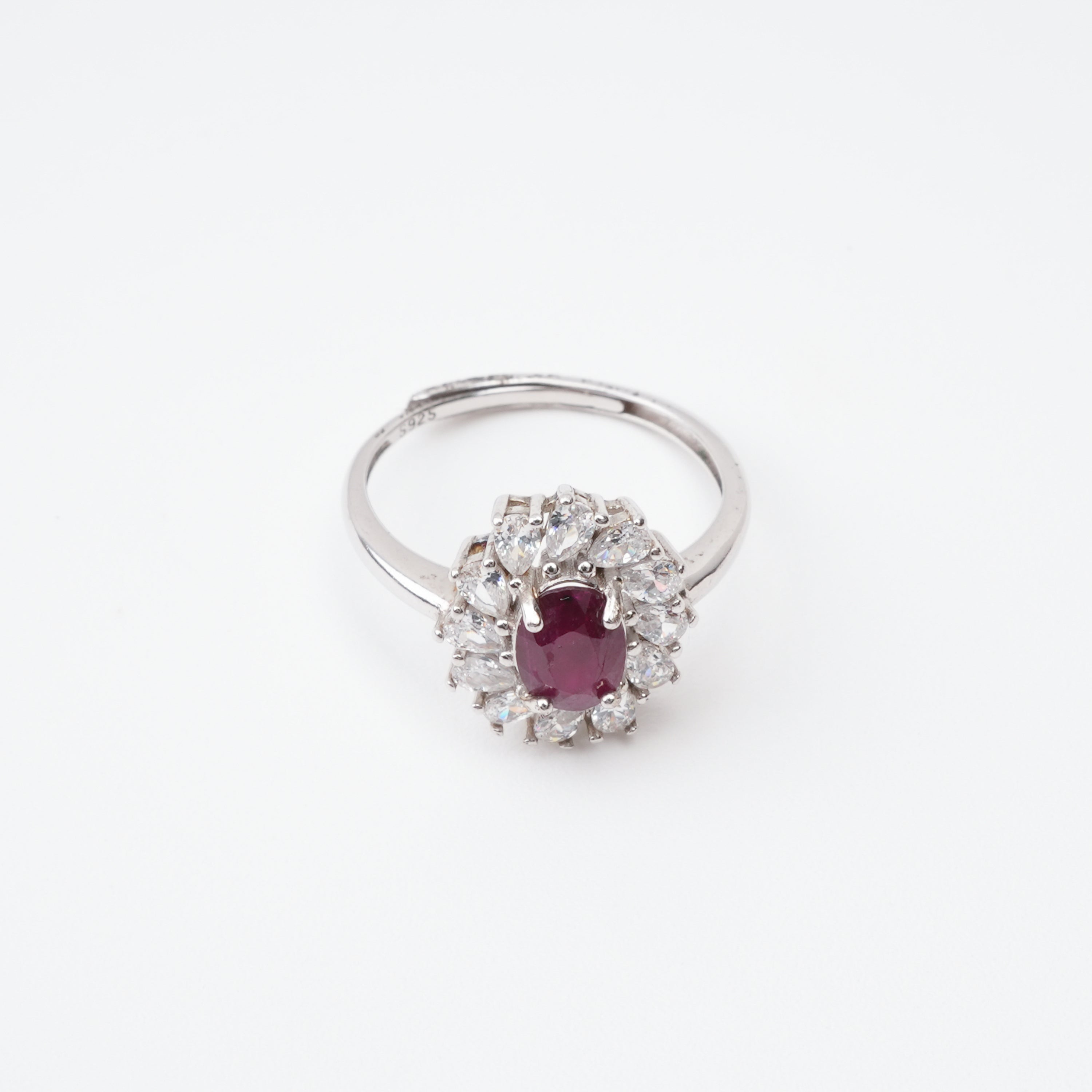 Gabrielle Ruby Floral Halo Sterling Silver Ring