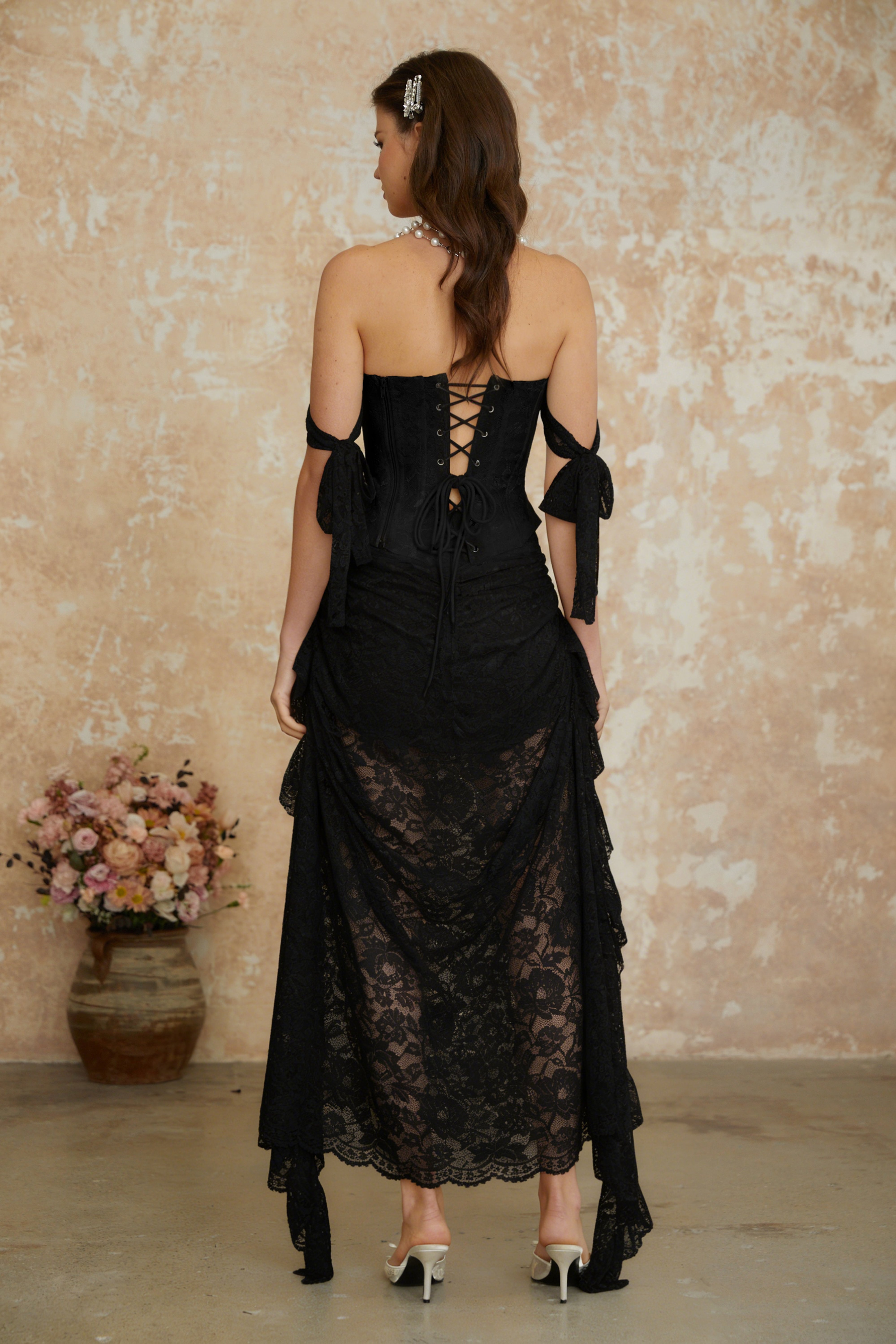 Garance Black Pearl Floral Lace Top & Skirt Set (Final Sale)