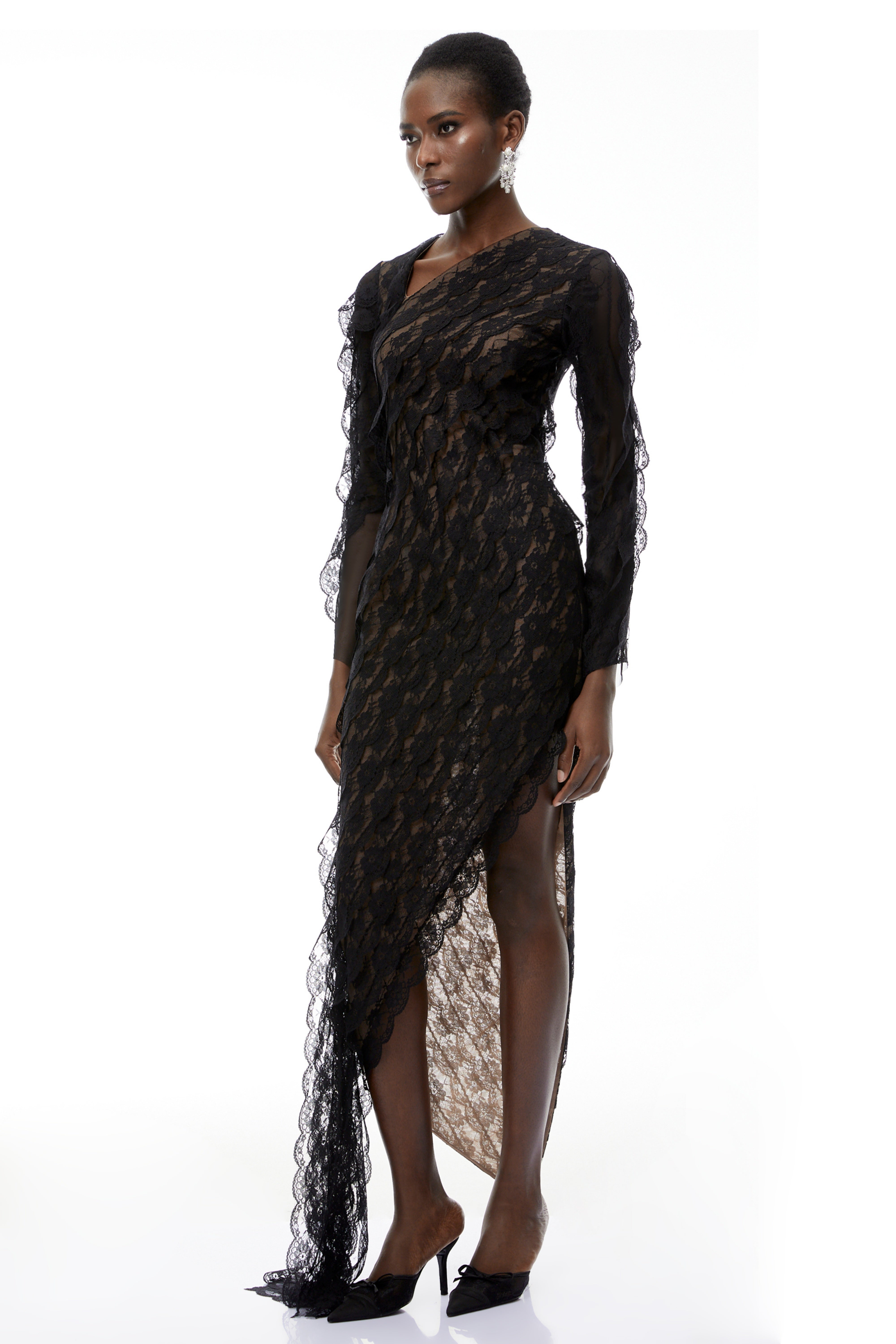 Gemma Black Floral Lace Asymmetrical Maxi Dress (Final Sale)