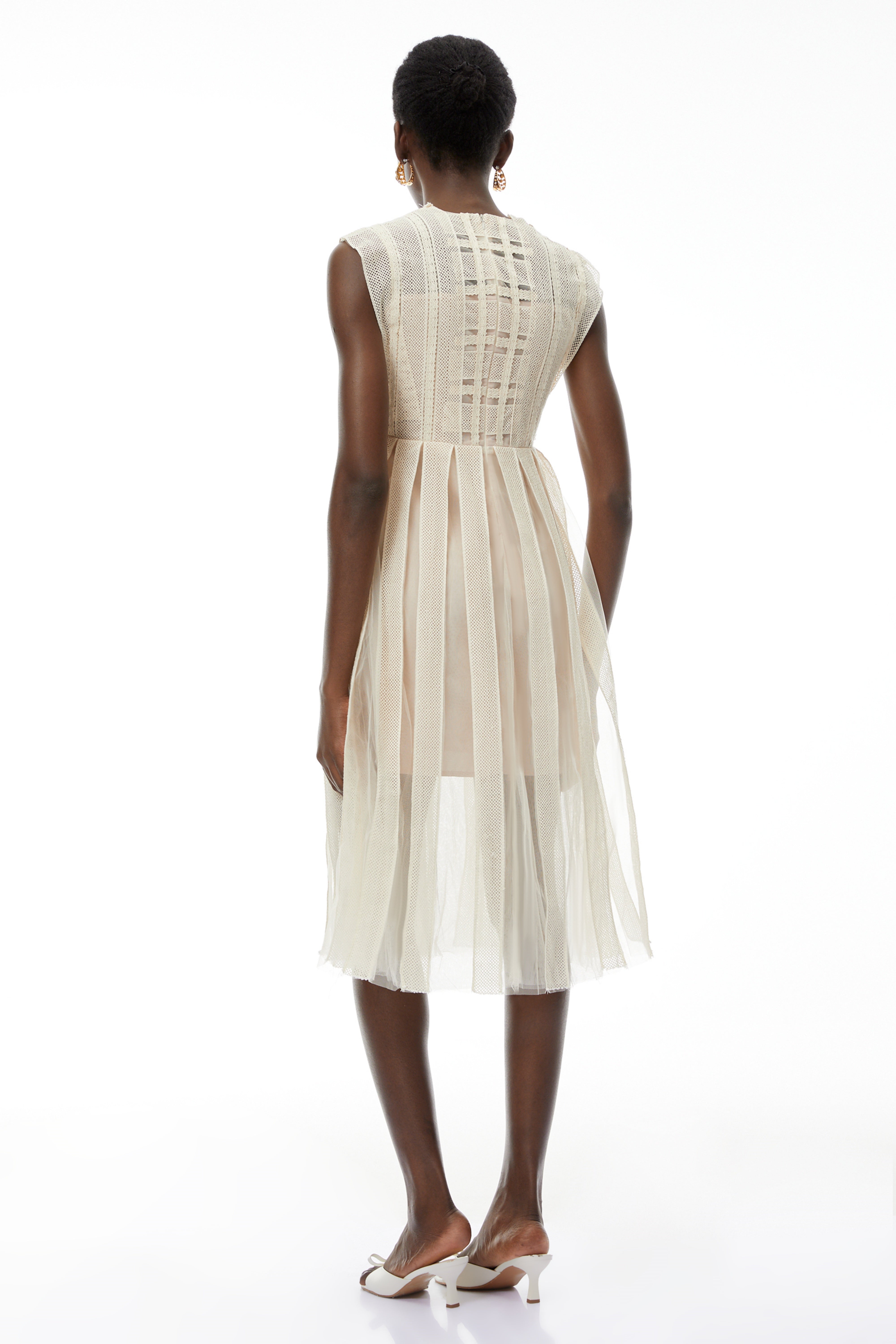 Georgette White Floral Embroidered Pleated Midi Dress (Final Sale)