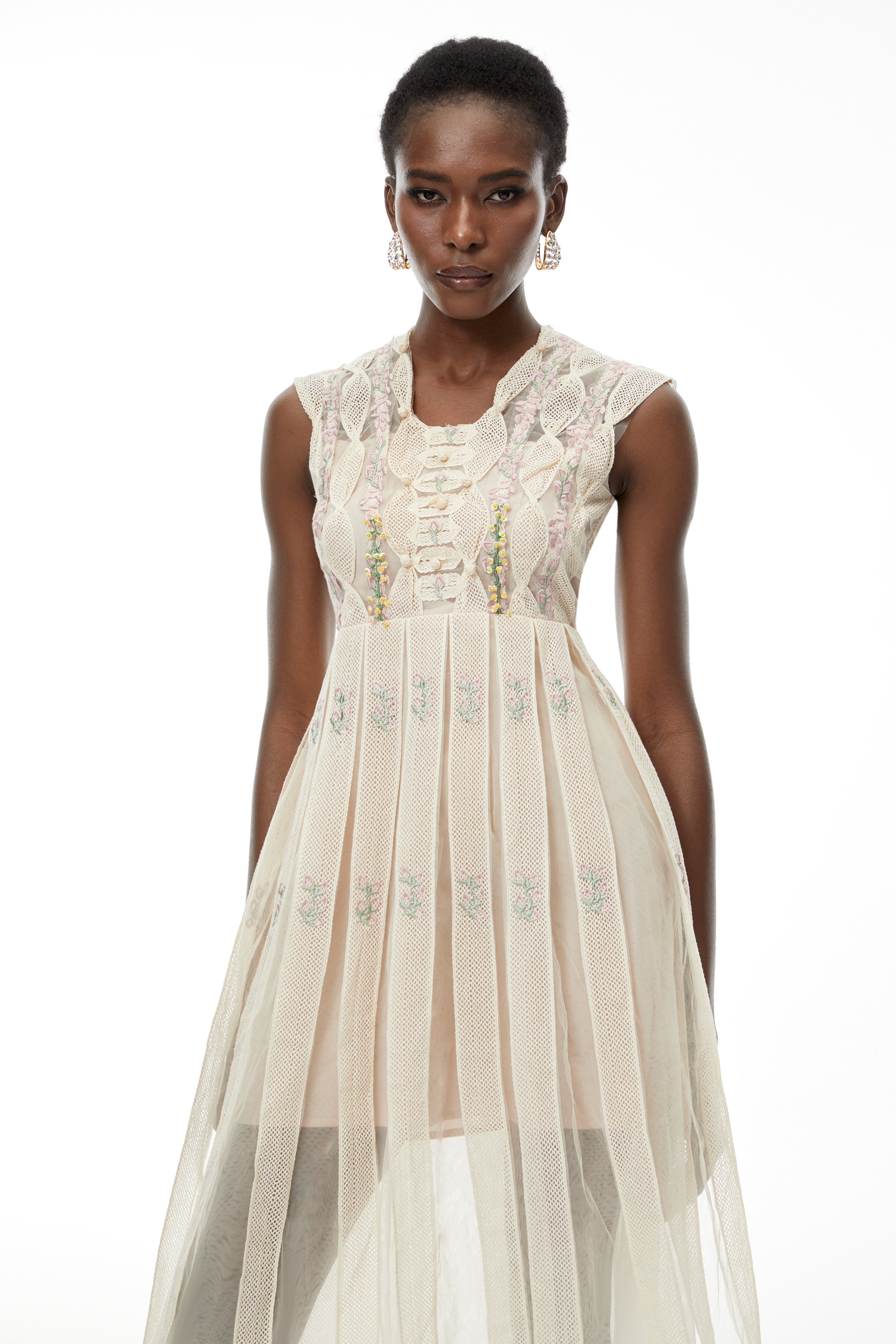 Georgette White Floral Embroidered Pleated Midi Dress (Final Sale)
