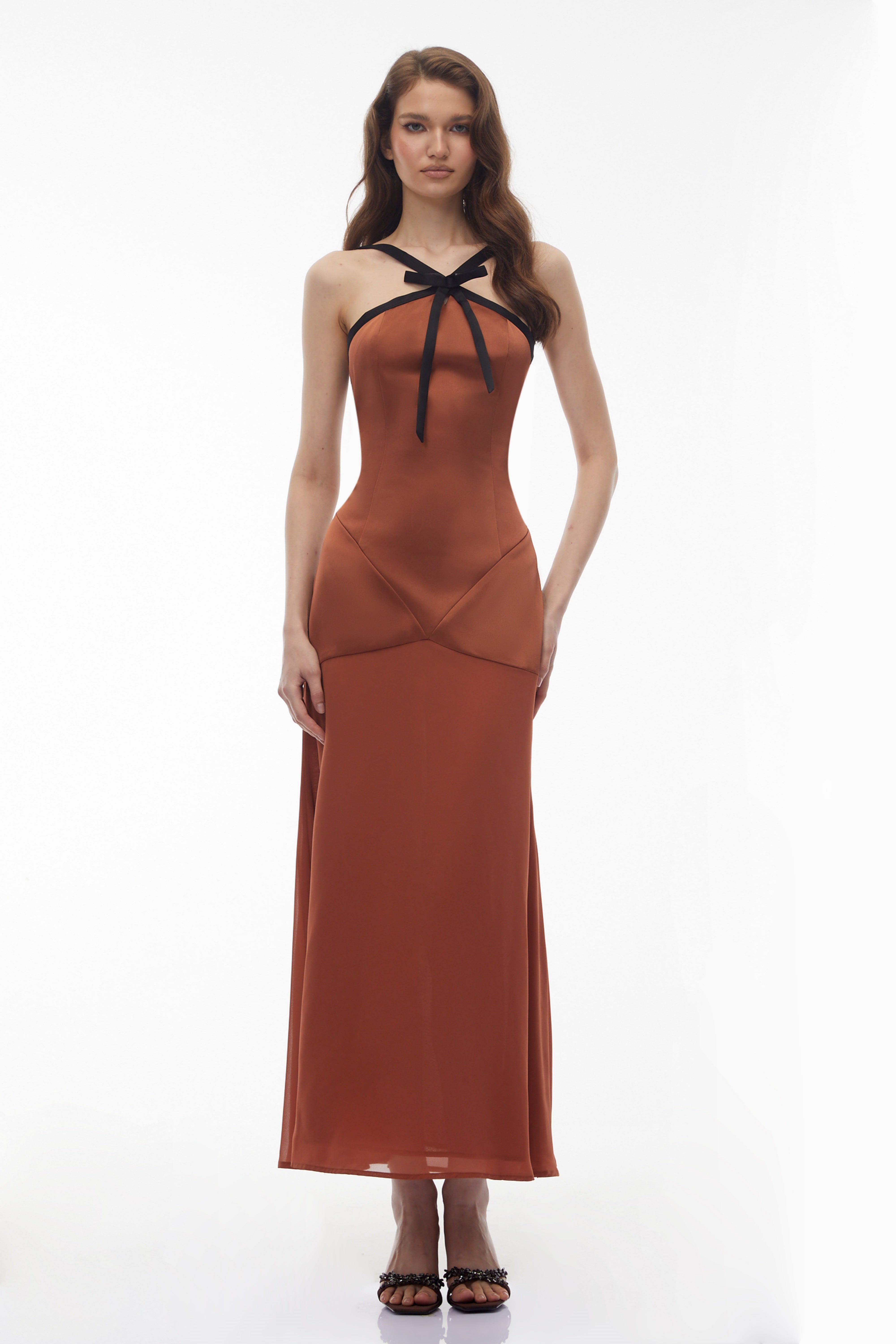 Ginevra Brown Halterneck Maxi Dress with Bow (Final Sale-US Only)