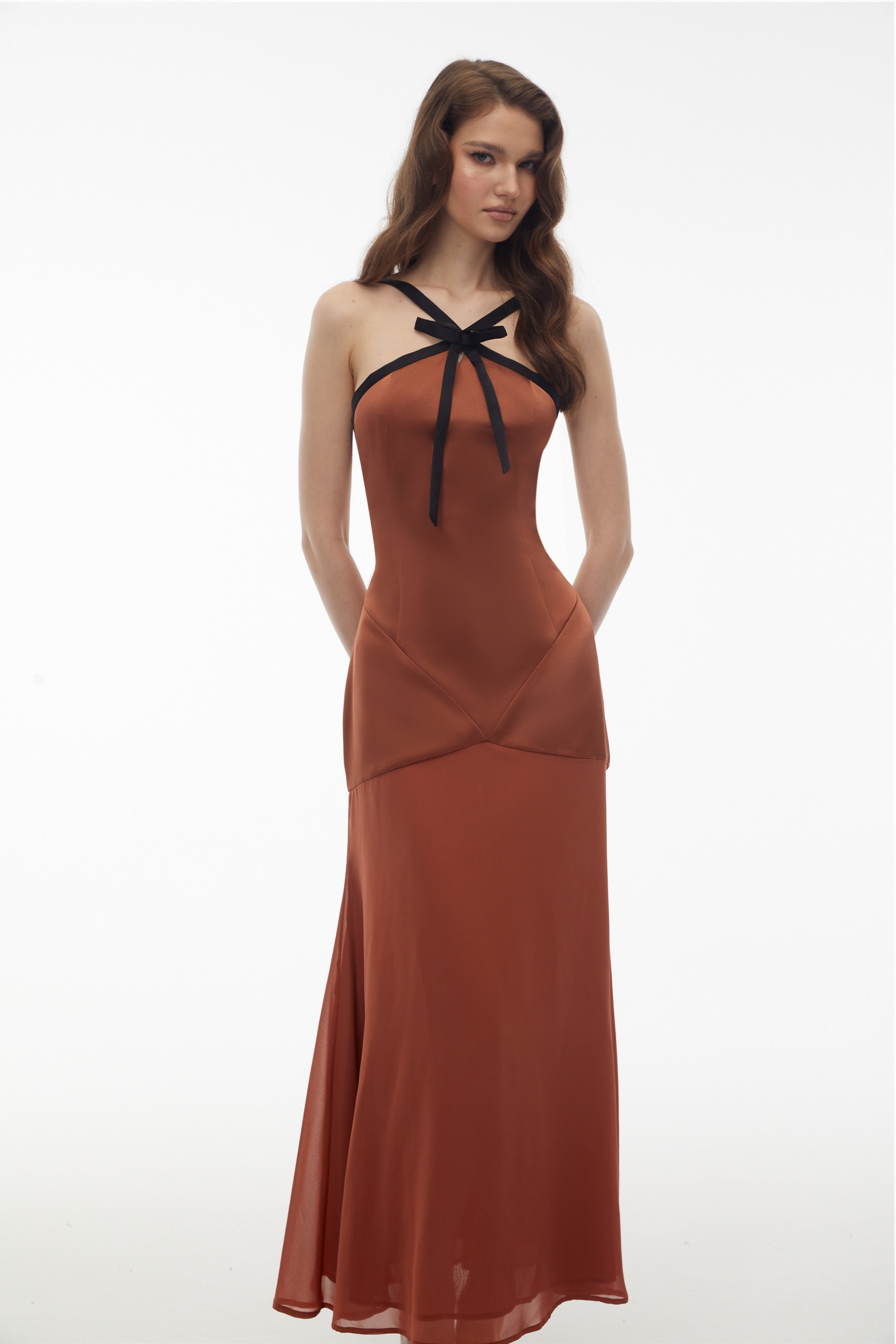 Ginevra Brown Halterneck Maxi Dress with Bow (Final Sale-US Only)