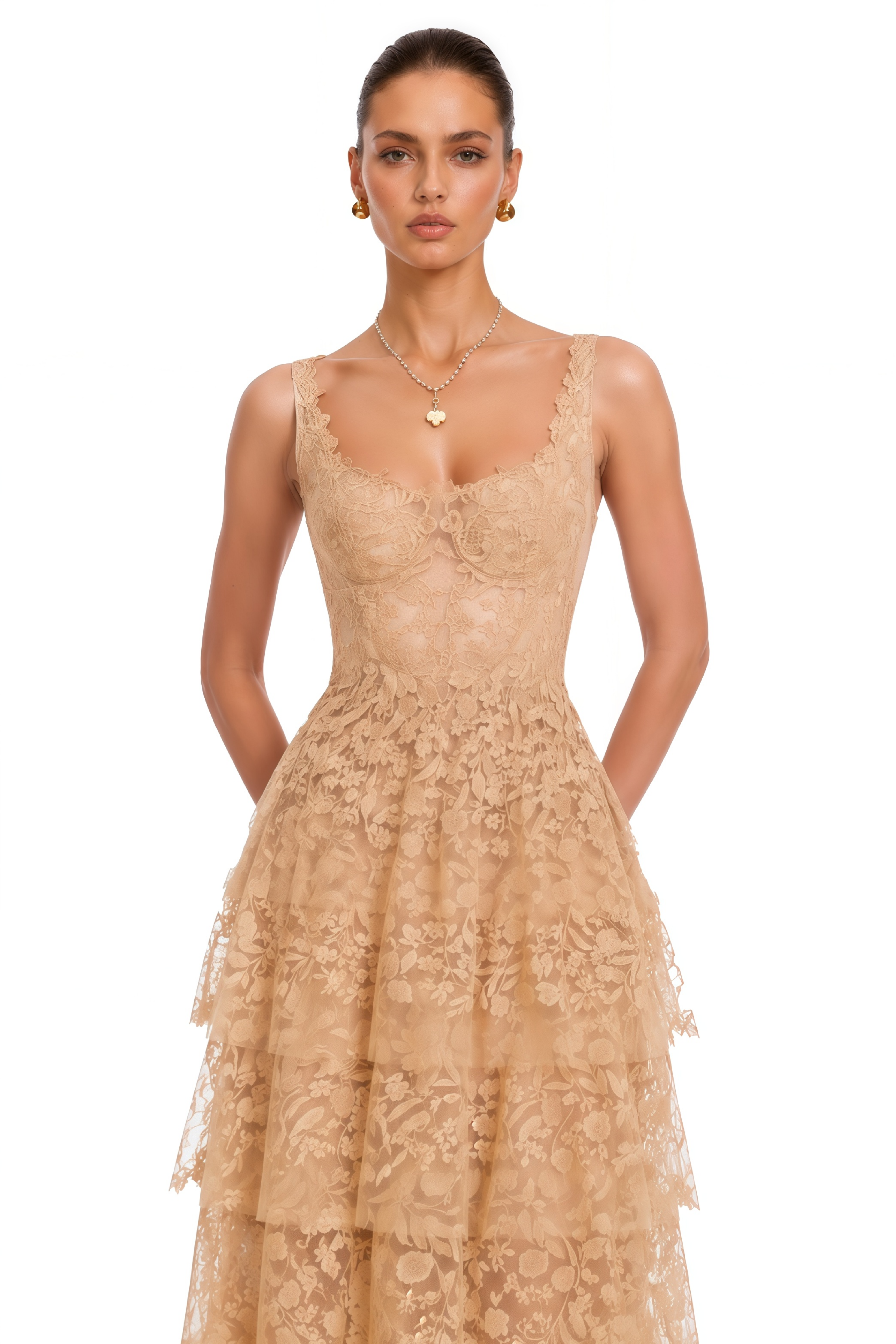 Gizela Neutral Tiered Lace Maxi Dress