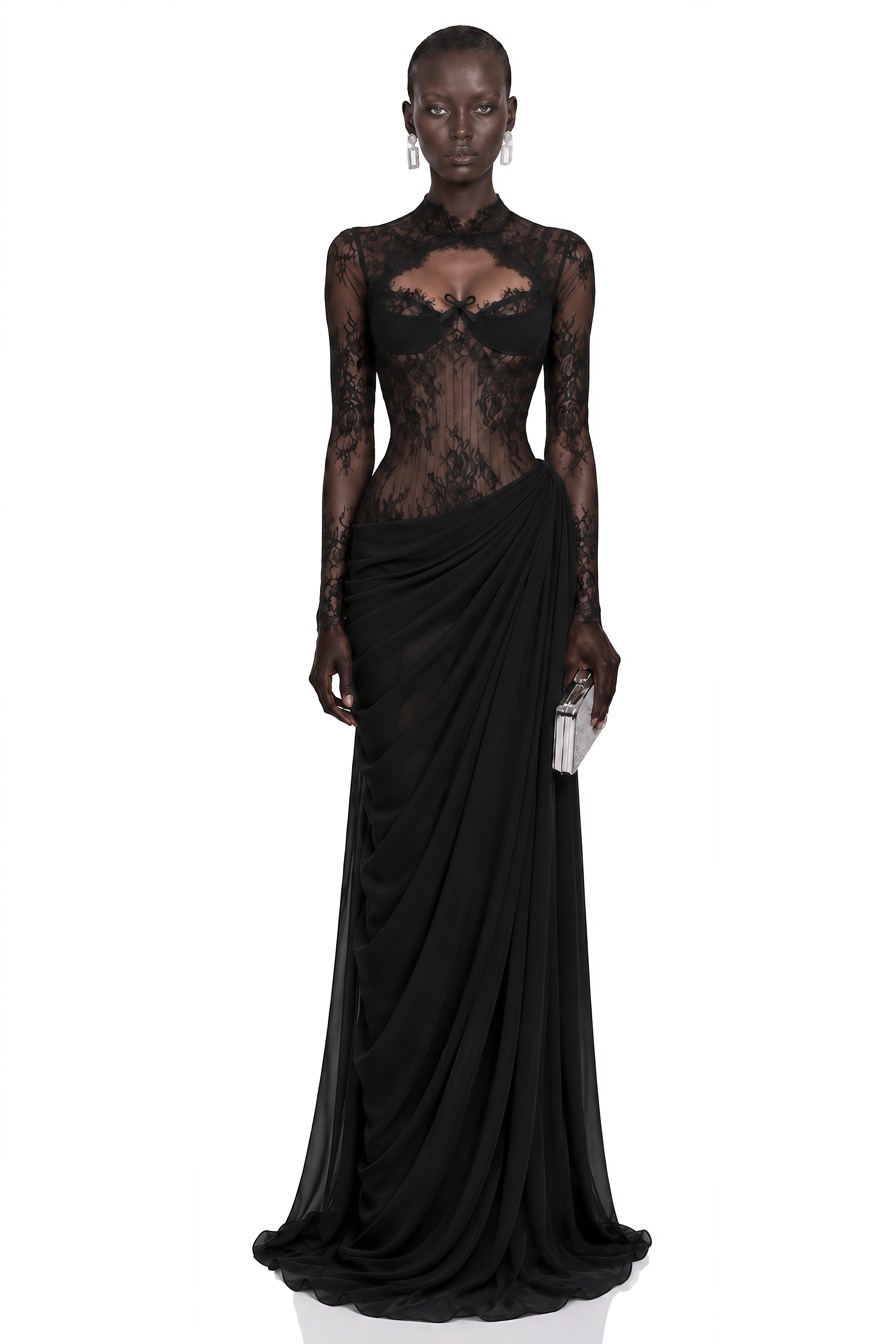 Black long-sleeve maxi dress with a sheer lace bodice and a draped skirt