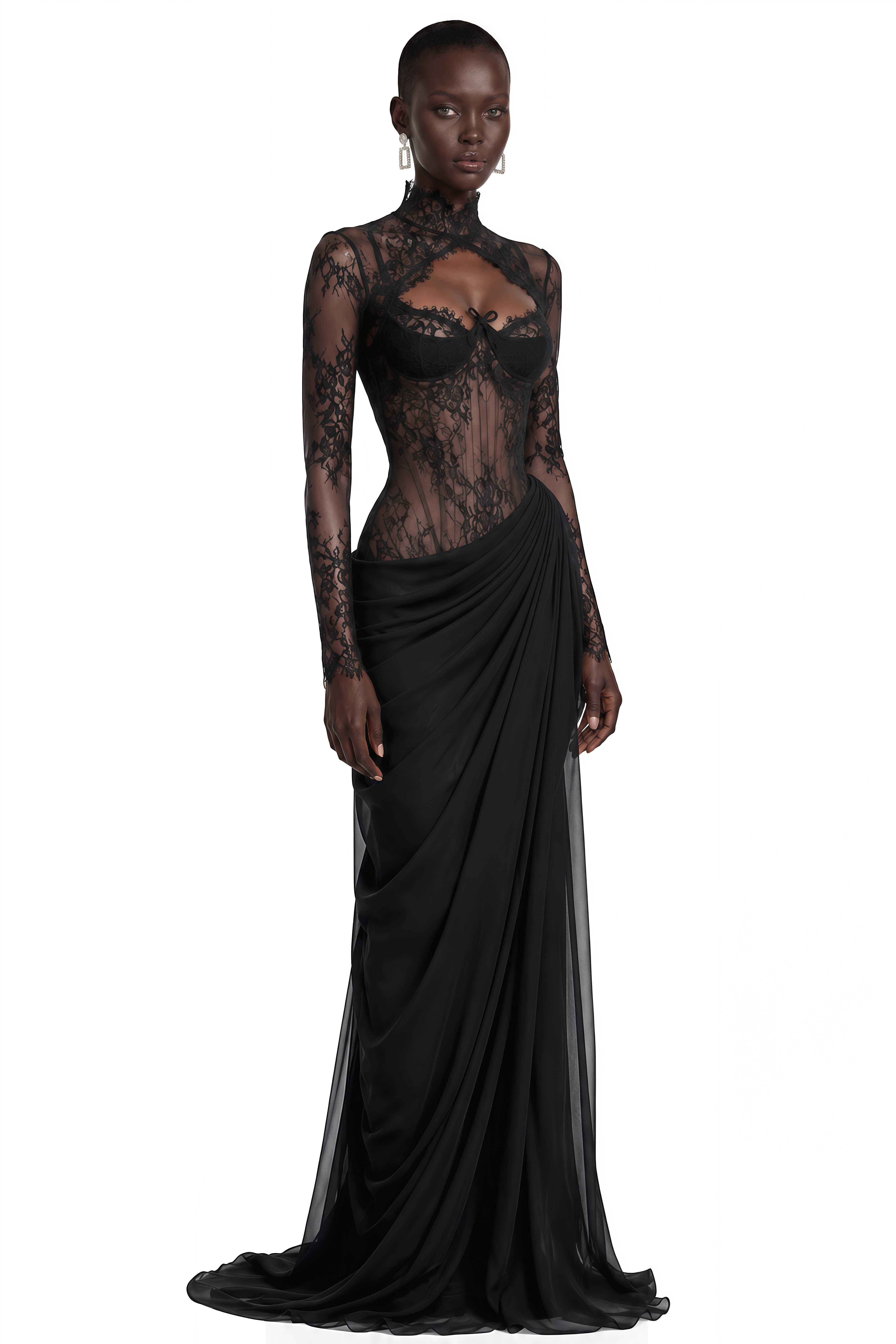 Black long-sleeve maxi dress with a sheer lace bodice and a draped skirt