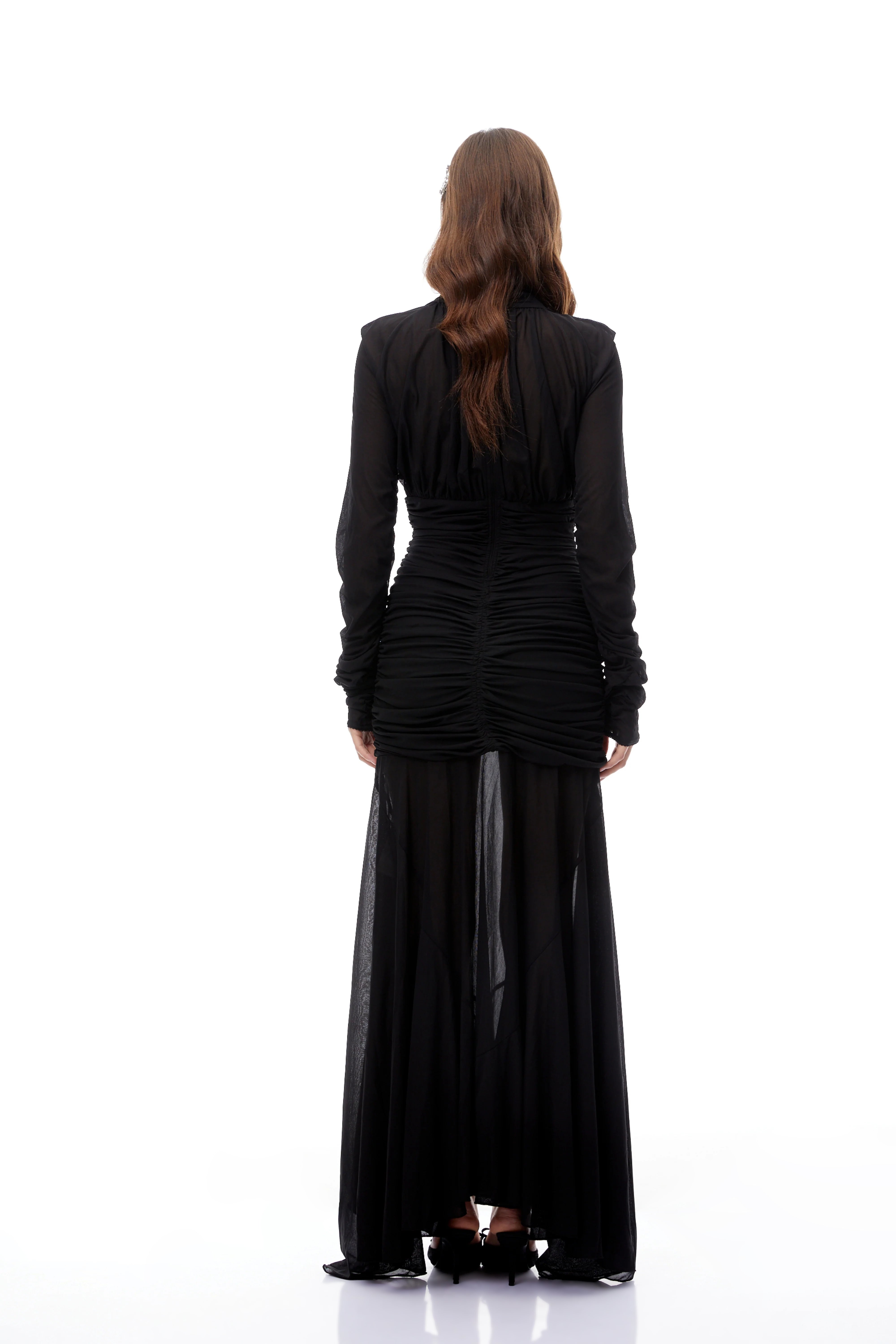 Greta Black Ruched Sheer Mesh Maxi Dress (Final Sale-US Only)