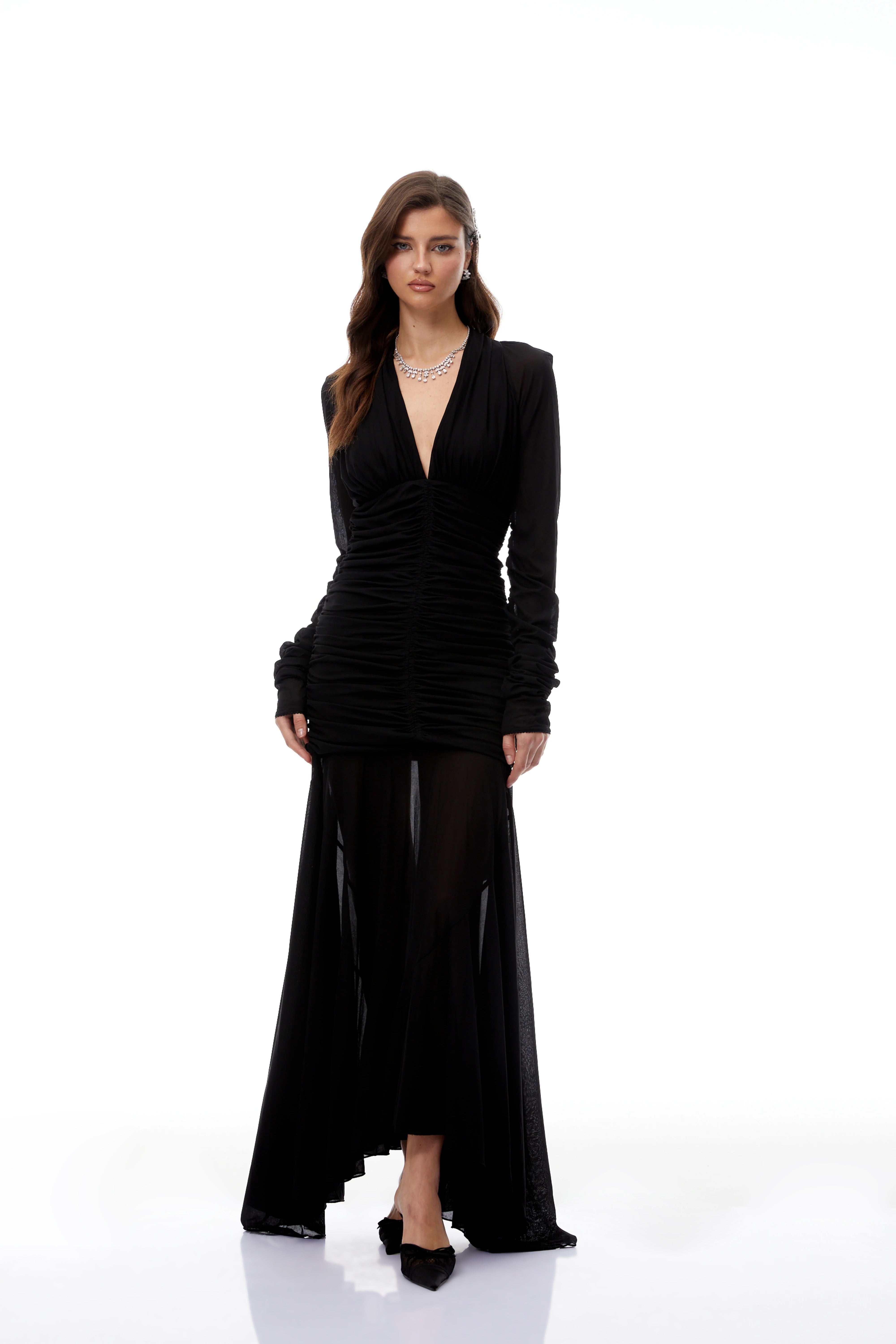 Greta Black Ruched Sheer Mesh Maxi Dress (Final Sale-US Only)