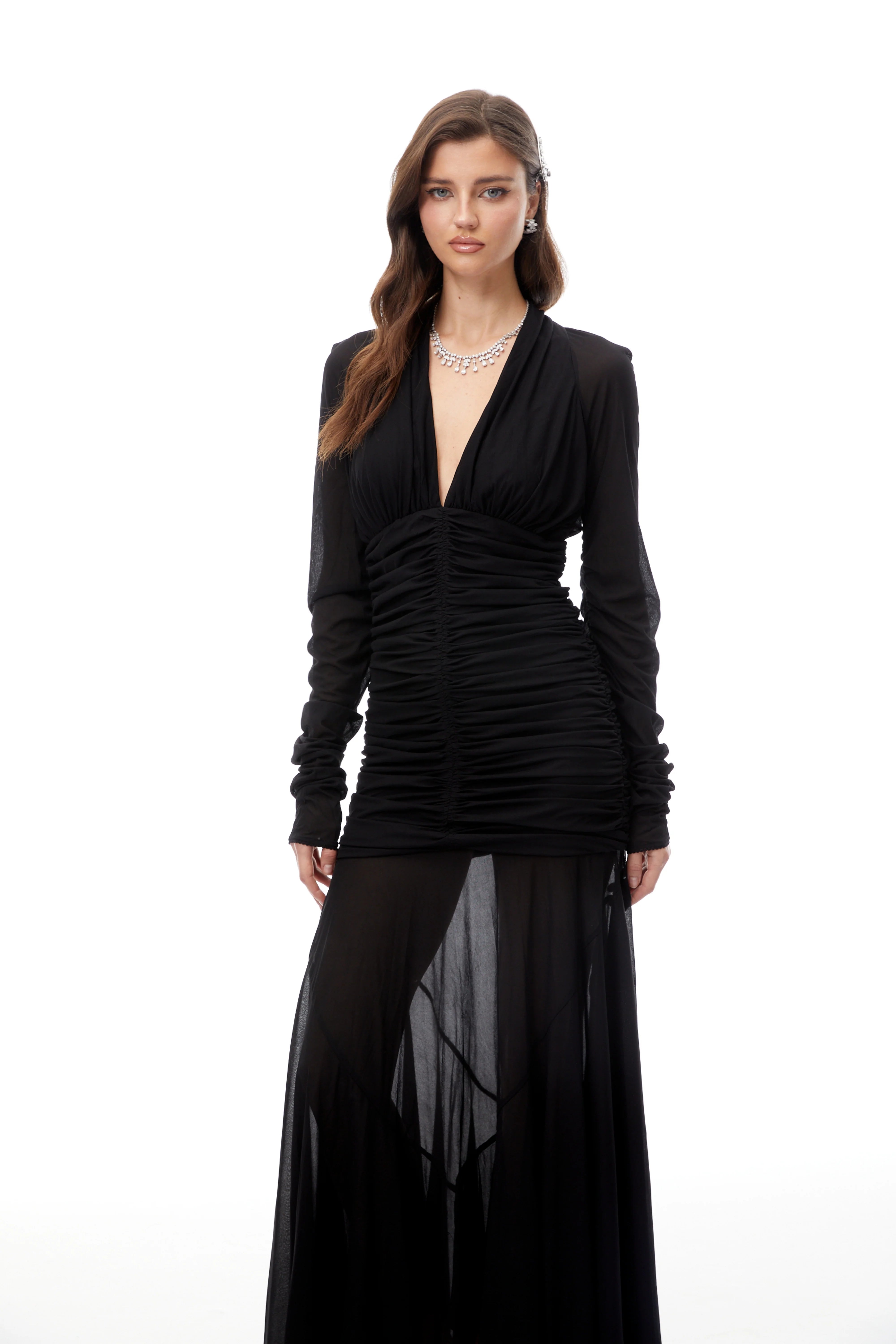 Greta Black Ruched Sheer Mesh Maxi Dress (Final Sale-US Only)
