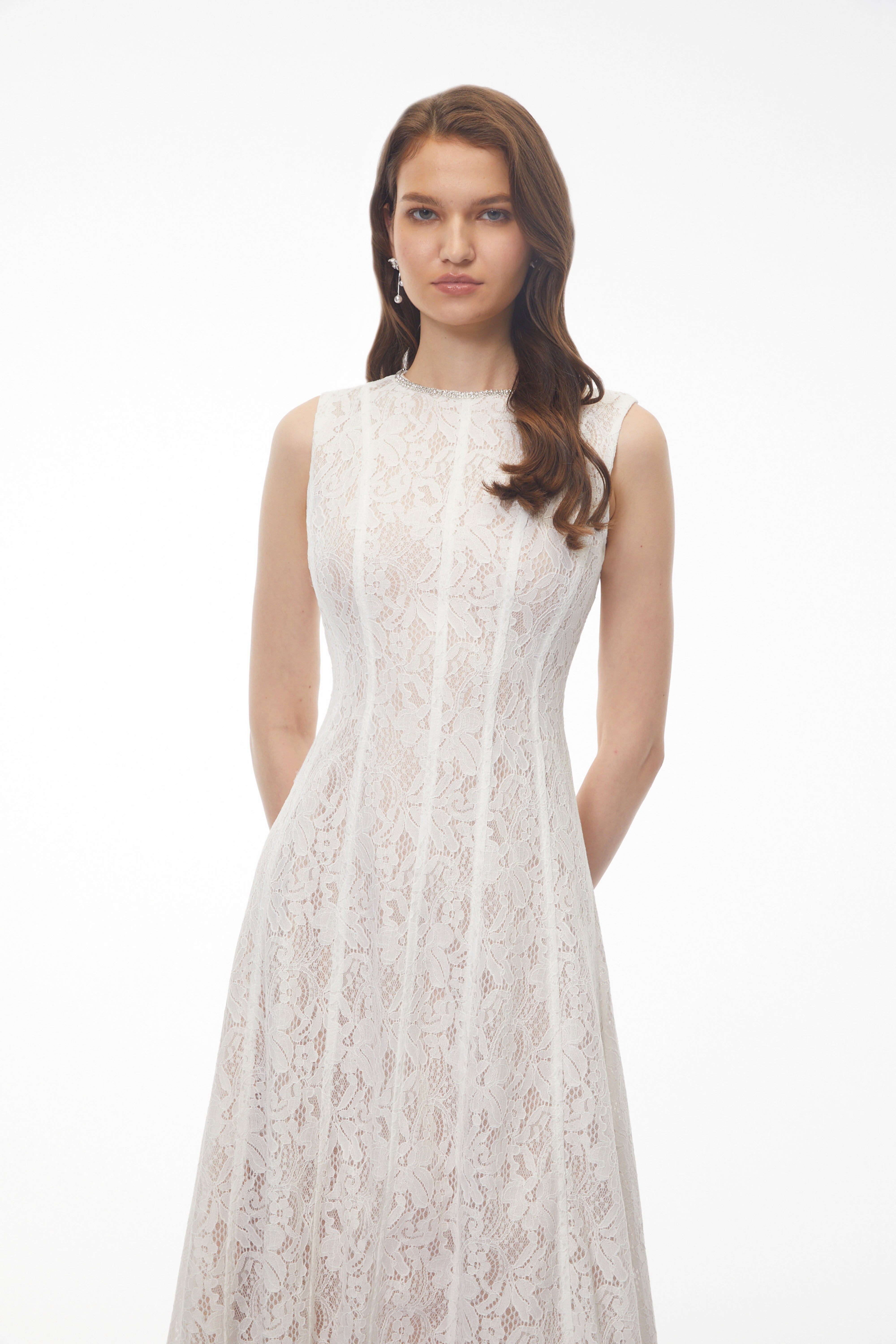 Guinevere White Sleeveless Floral Lace Midi Dress (Final Sale)