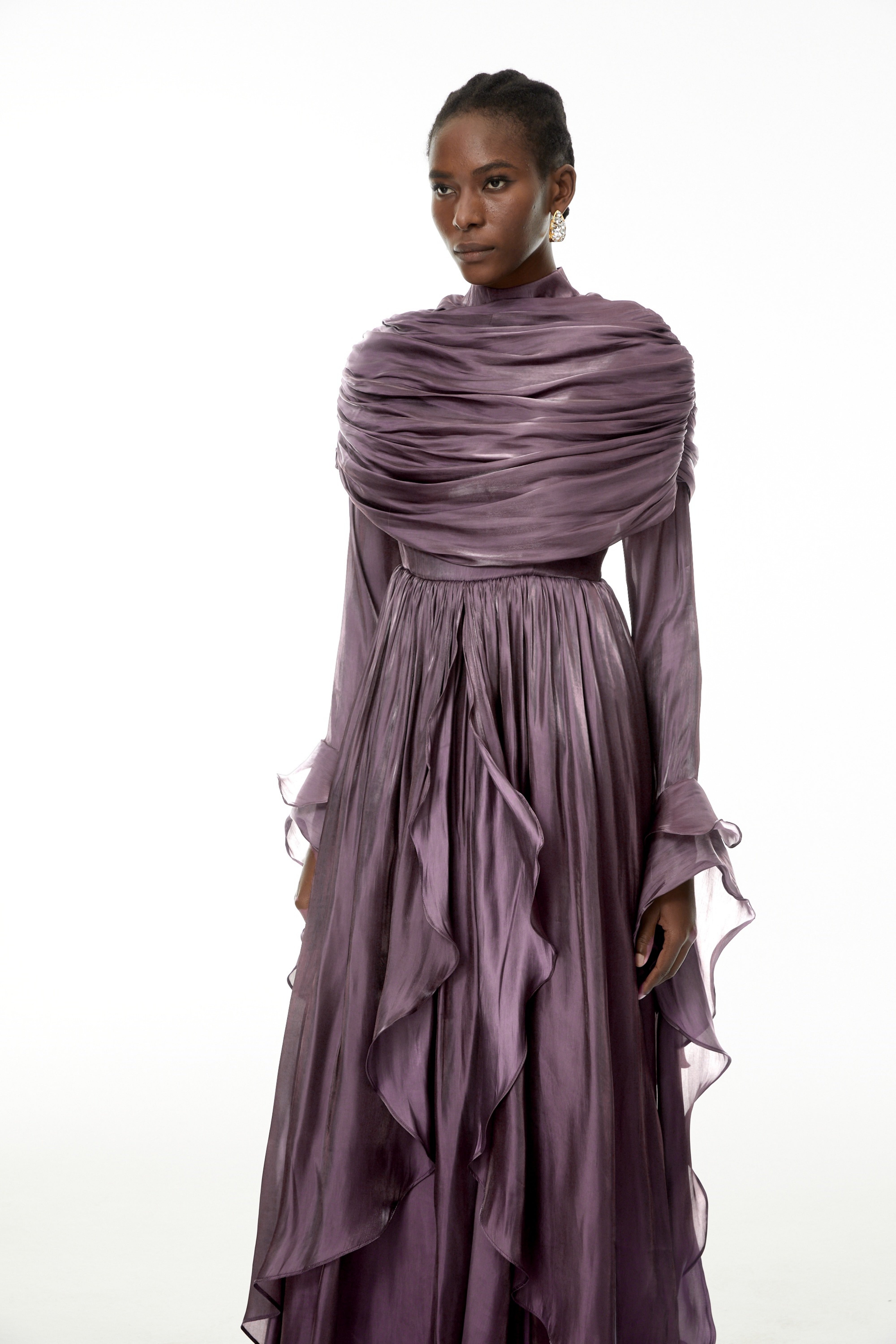 Gustave Purple Ruched Cape Ruffled Maxi Dress (Final Sale-US Only)