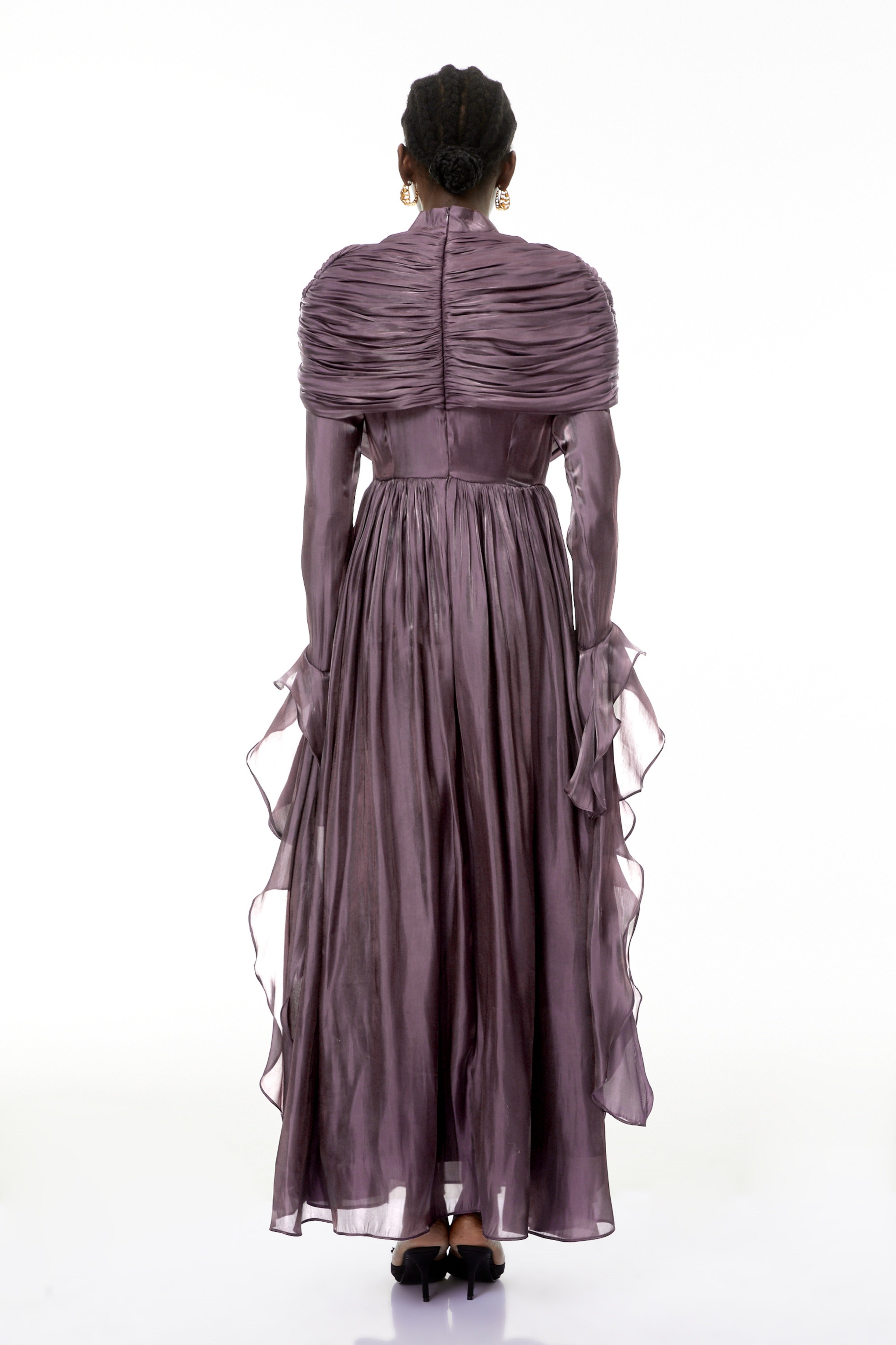 Gustave Purple Ruched Cape Ruffled Maxi Dress (Final Sale-US Only)