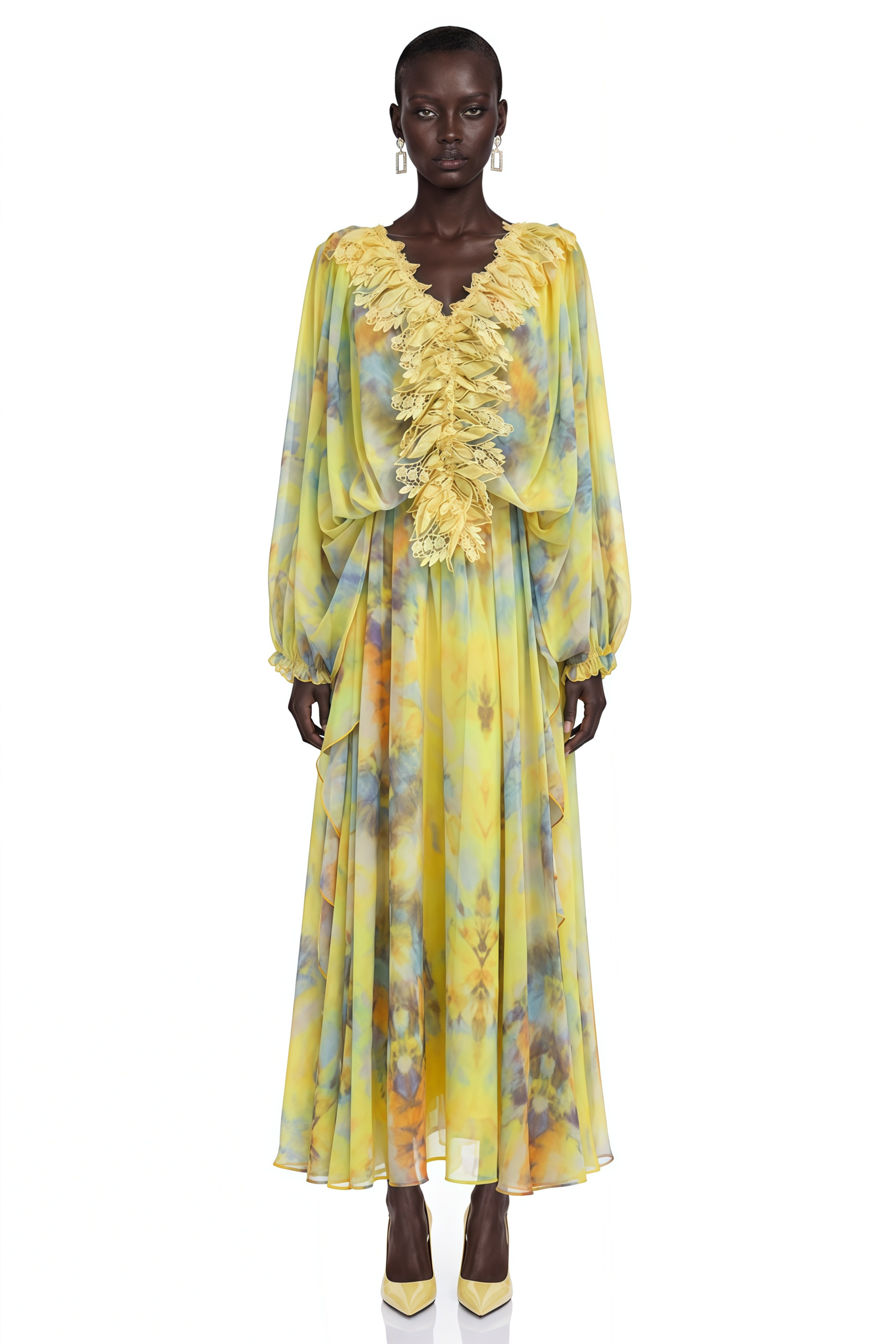Gwendolen Yellow Floral Print Maxi Dress with Lace Trim
