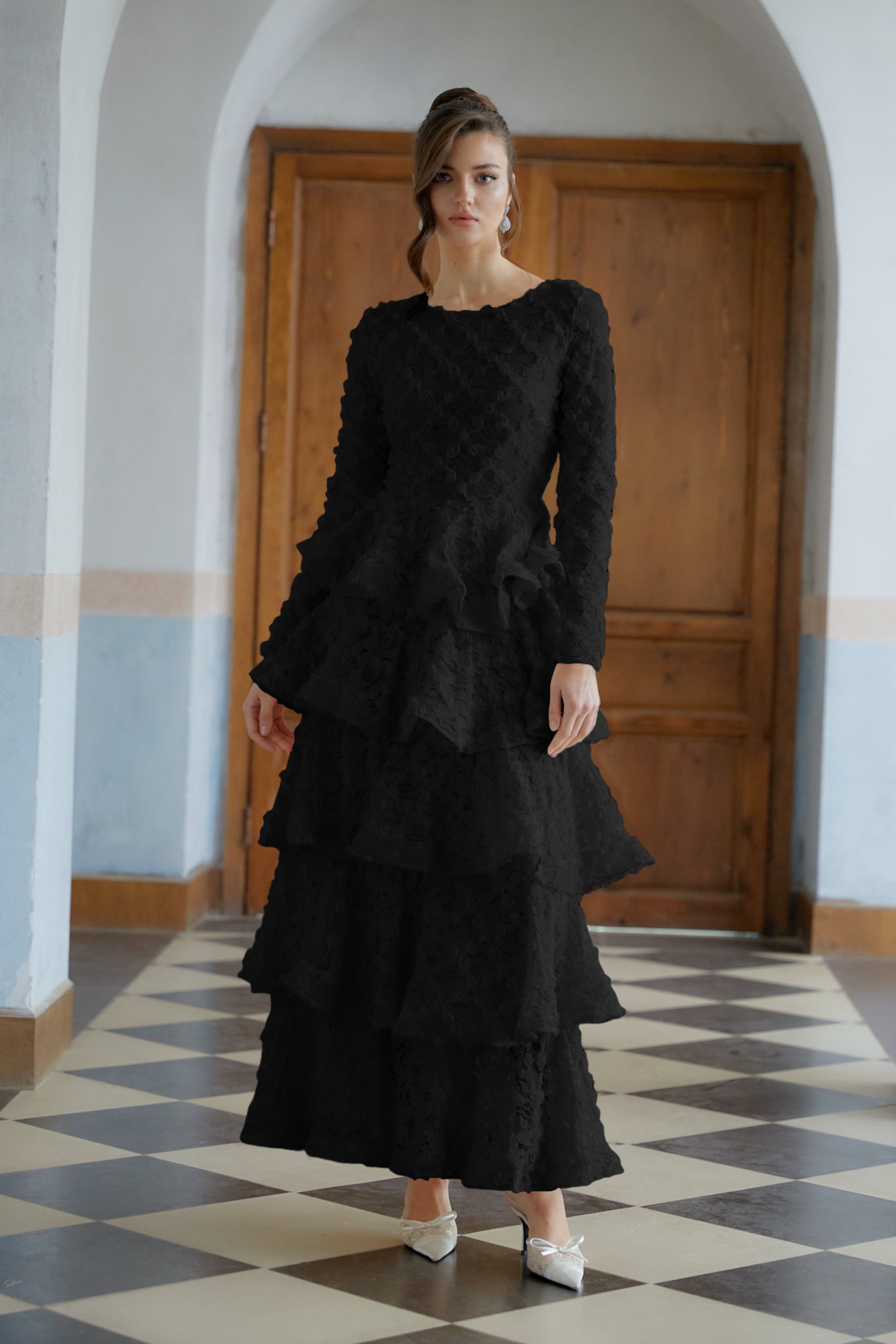 Halla Black Tiered Floral Lace Maxi Dress (Final Sale-US Only)