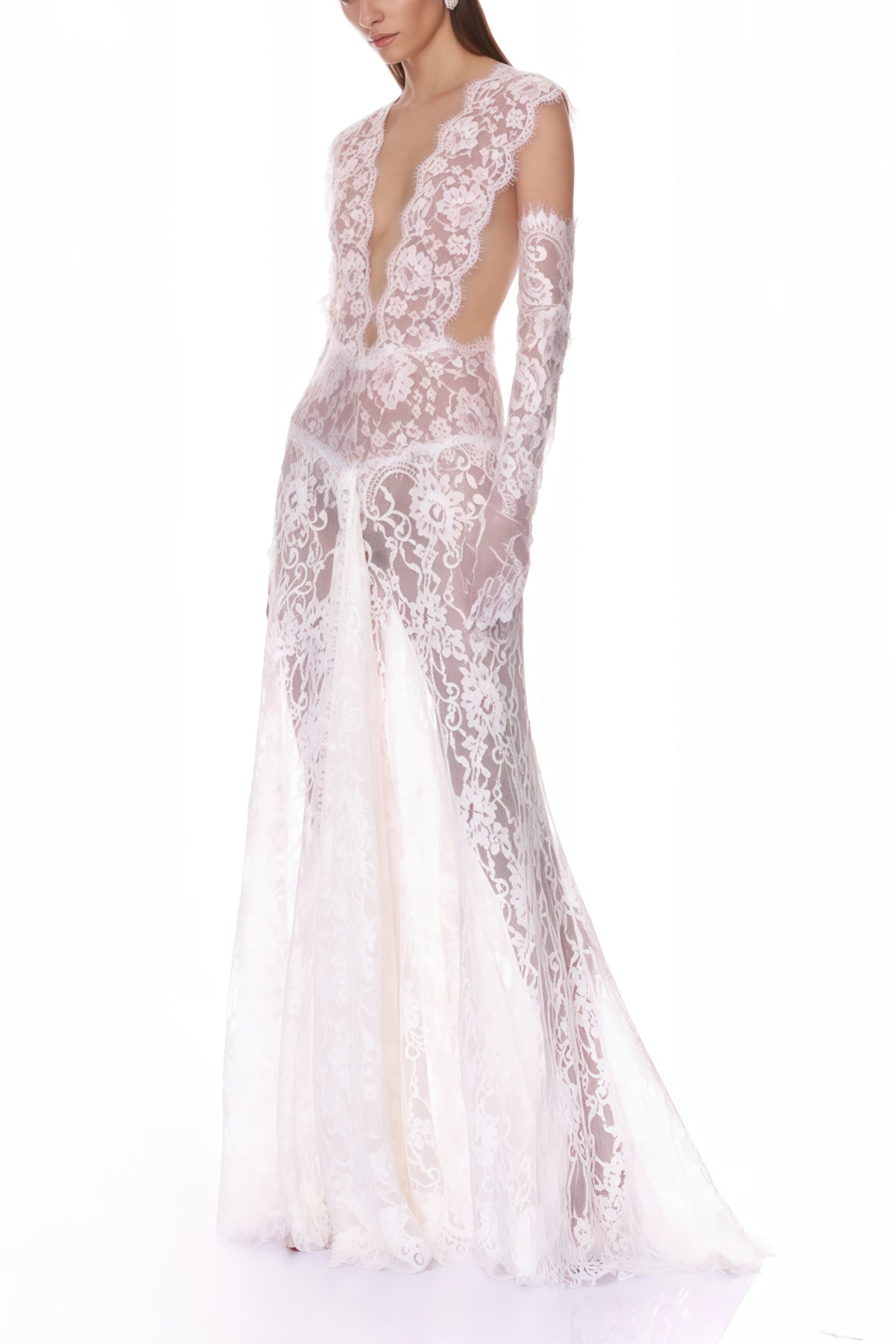 Hanna White Sheer Lace Maxi Dress with Deep V-Neck (Without Gloves) (Final Sale)