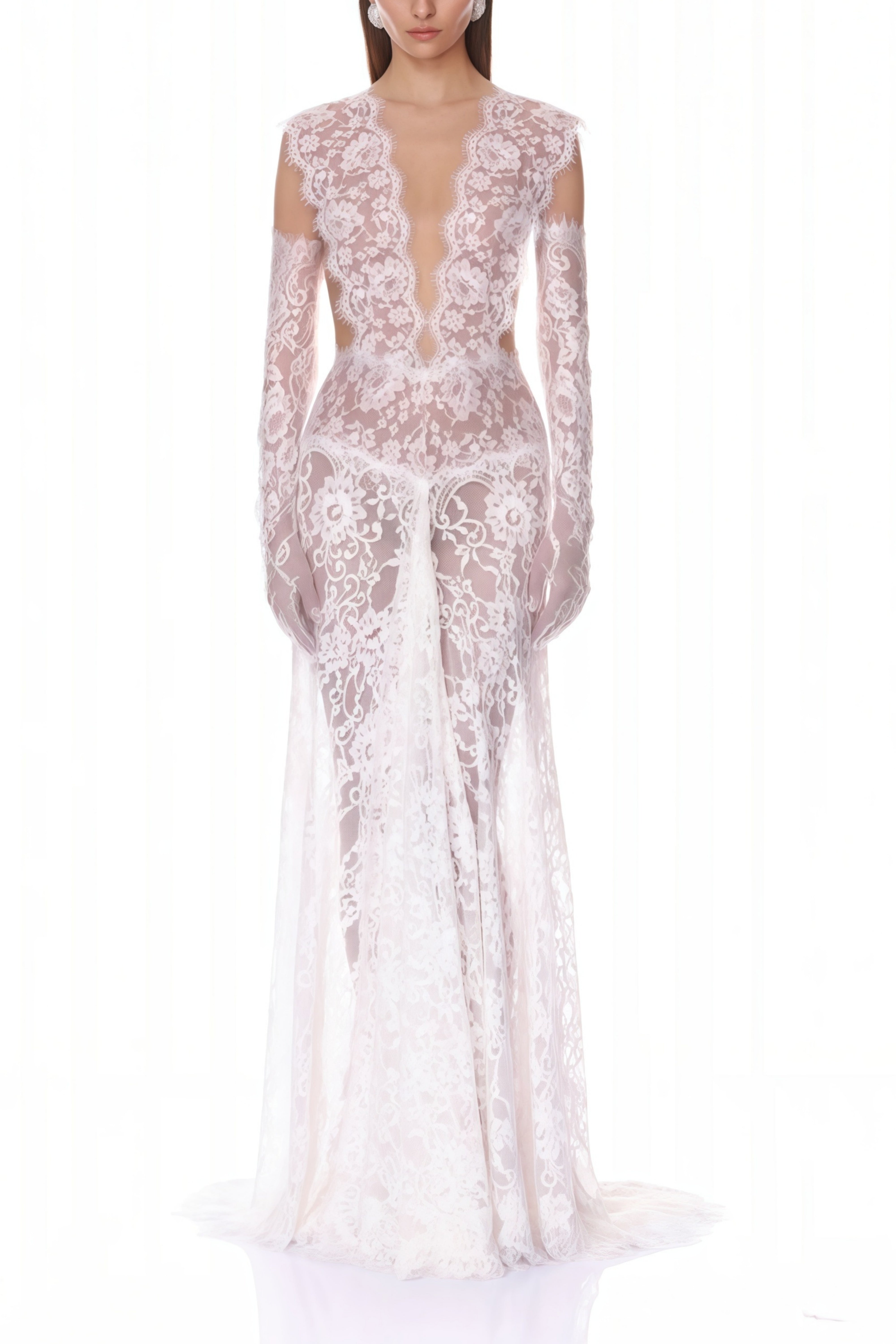 Hanna White Sheer Lace Maxi Dress with Deep V-Neck (Without Gloves) (Final Sale)