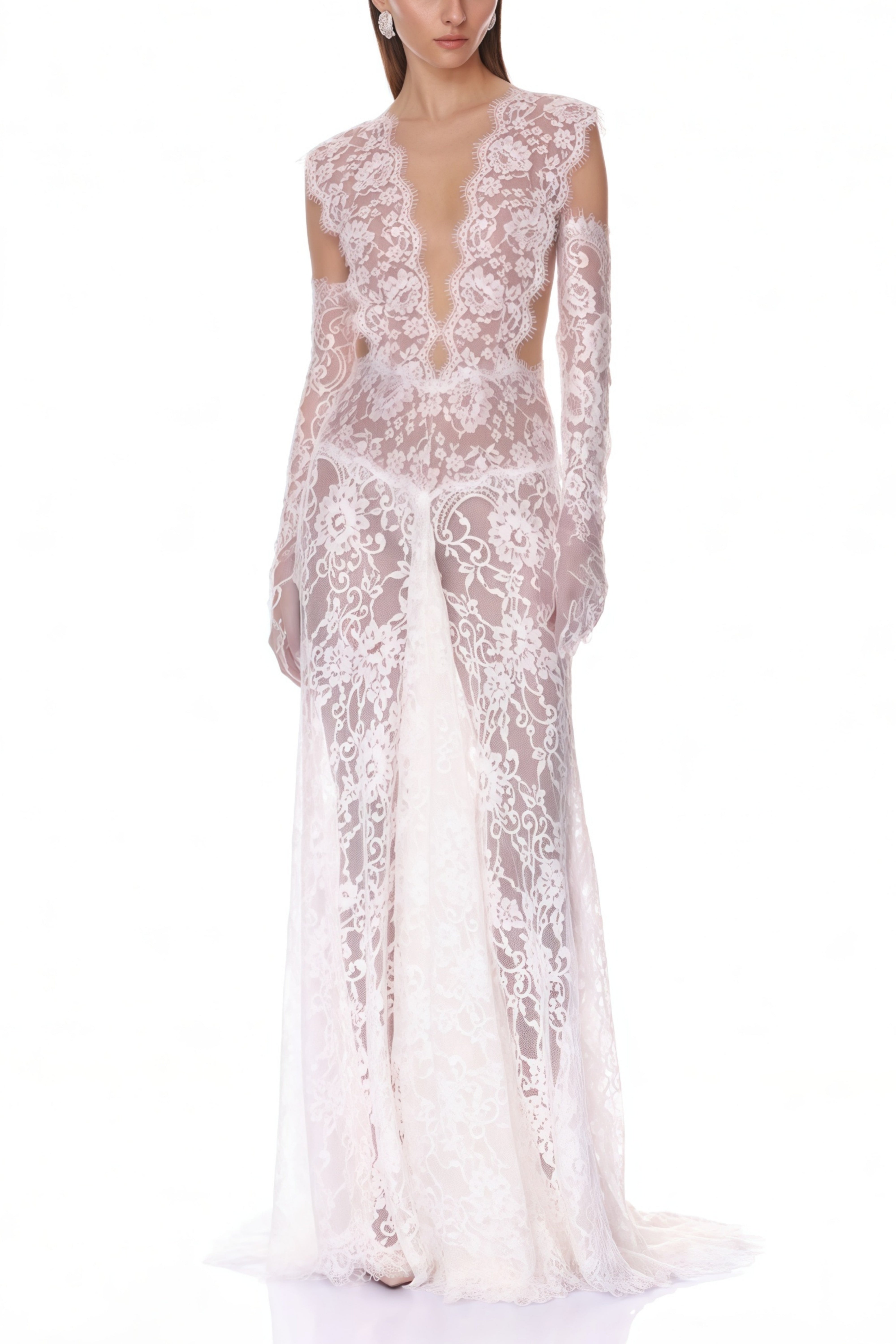 Hanna White Sheer Lace Maxi Dress with Deep V-Neck (Without Gloves) (Final Sale)