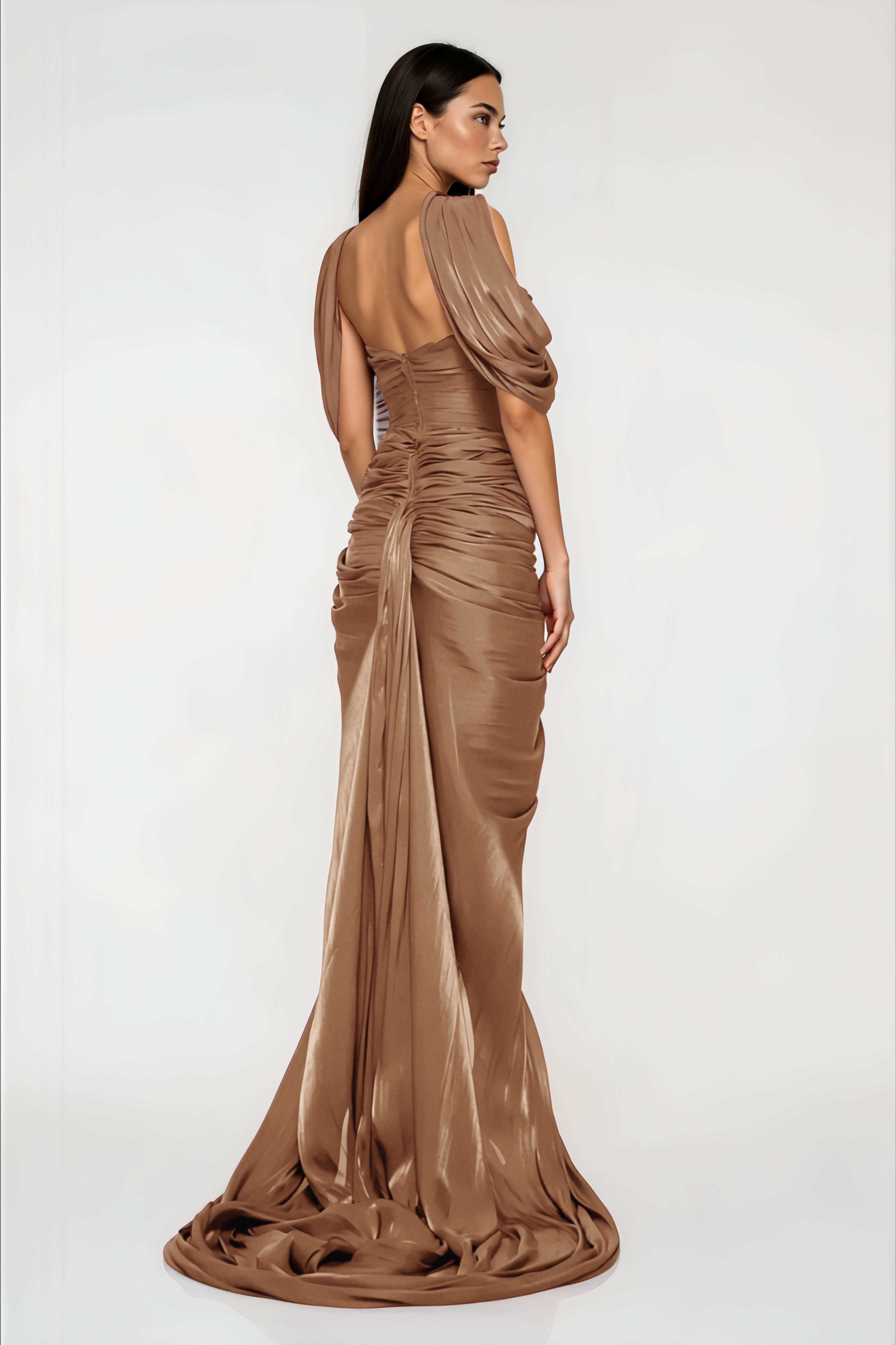 Bronze off-the-shoulder draped maxi dress with a matching neck scarf and thigh-high slit